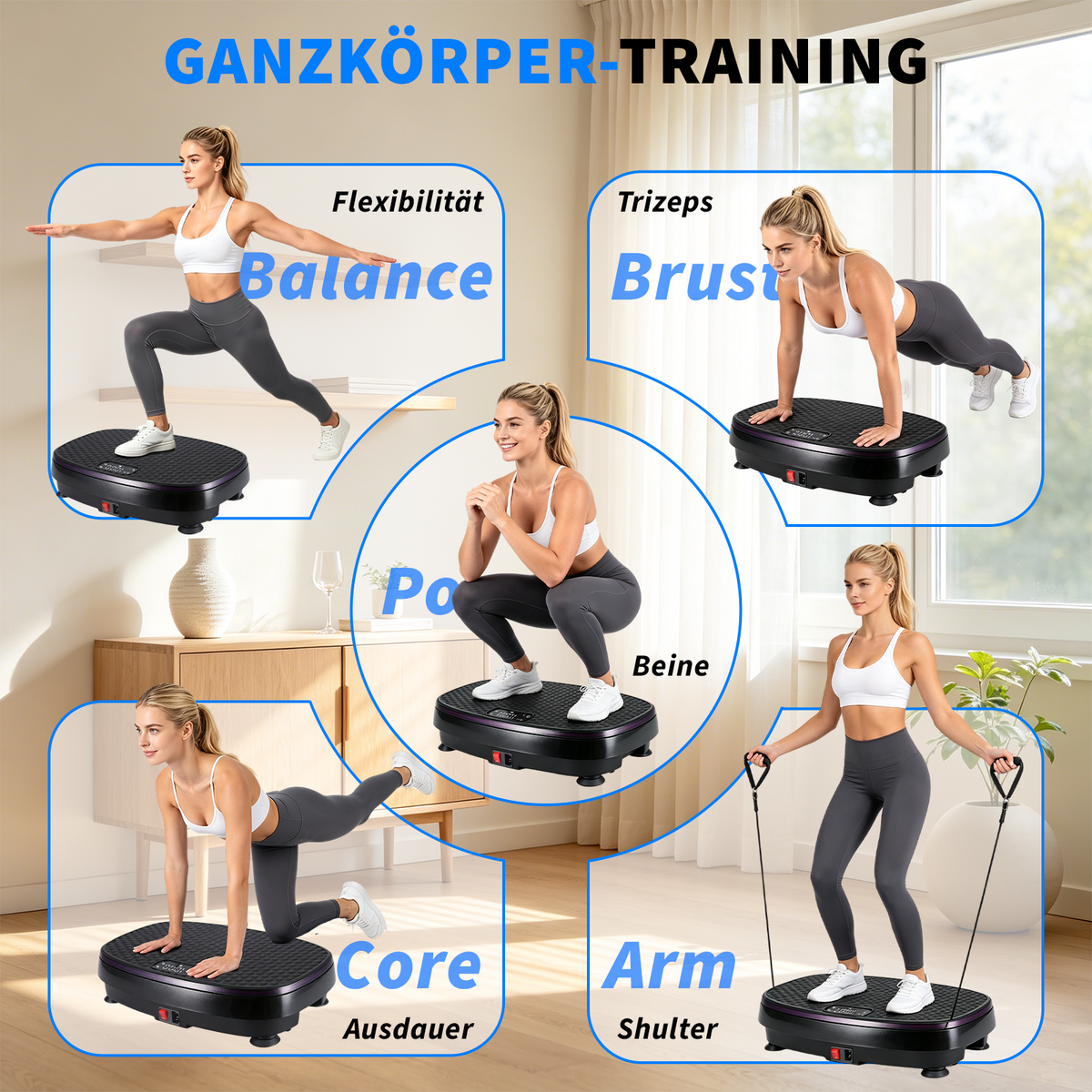 Home use exercise vibration plate High stability Non-slip foot pads Quiet operation Remote control Resistance band LED display