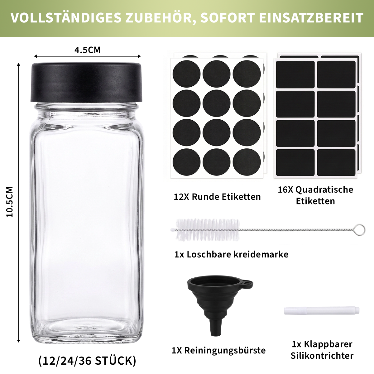 Glass Spice Jars with Lids and Labels – Spice Storage Containers with Pour Spouts, Brush & Marker, 12/24/36 Pack