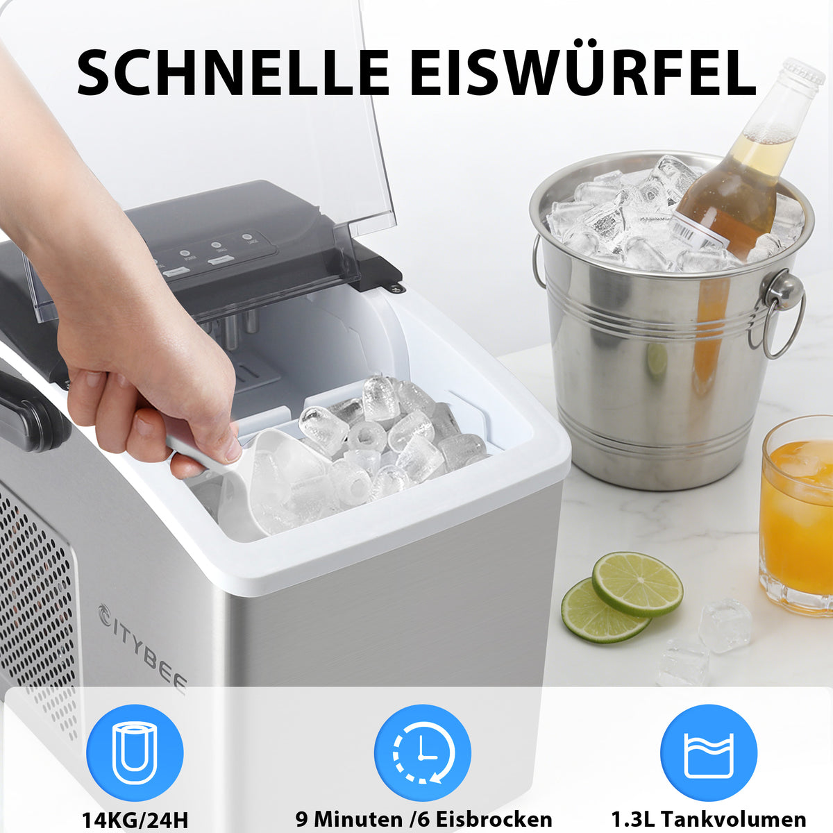 Eiswürfelmaschine mit Tragegriff – 2 Eiswürfelgrößen, 12 kg/24 h