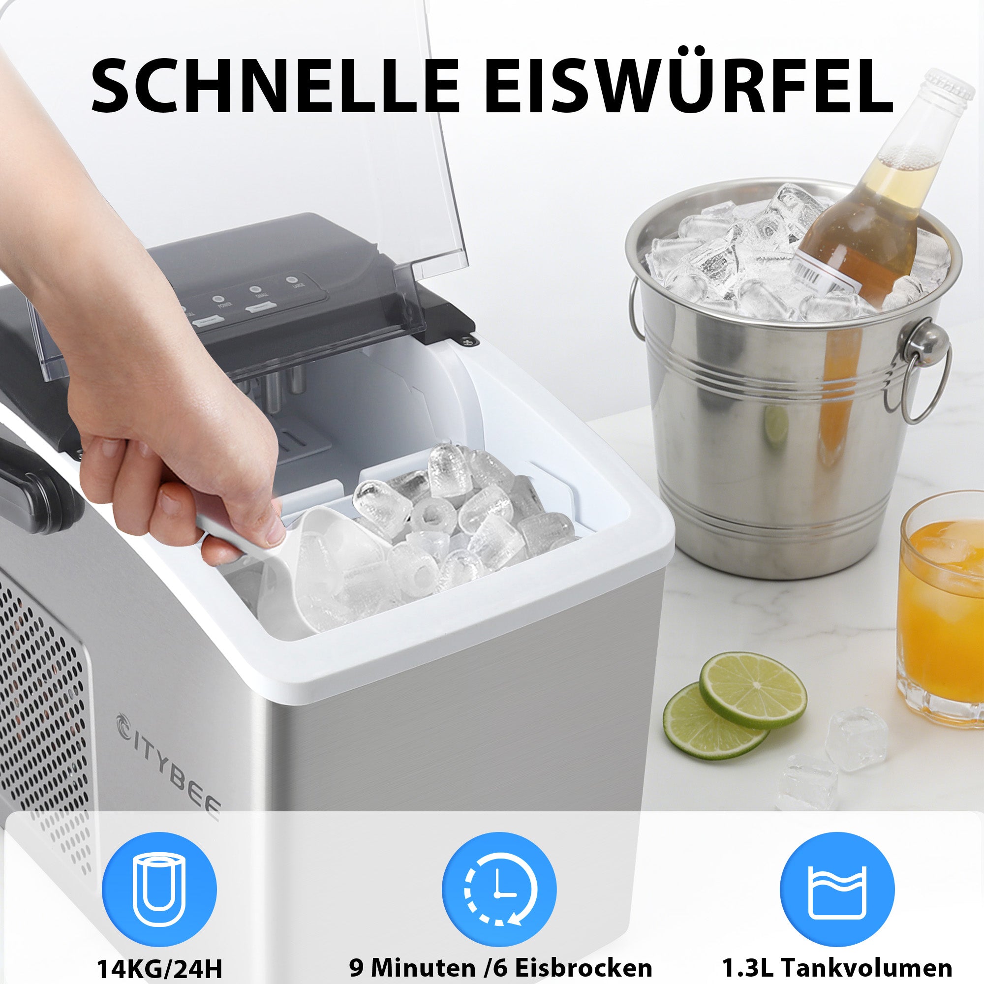 Eiswürfelmaschine mit Tragegriff – 2 Eiswürfelgrößen, 12 kg/24 h