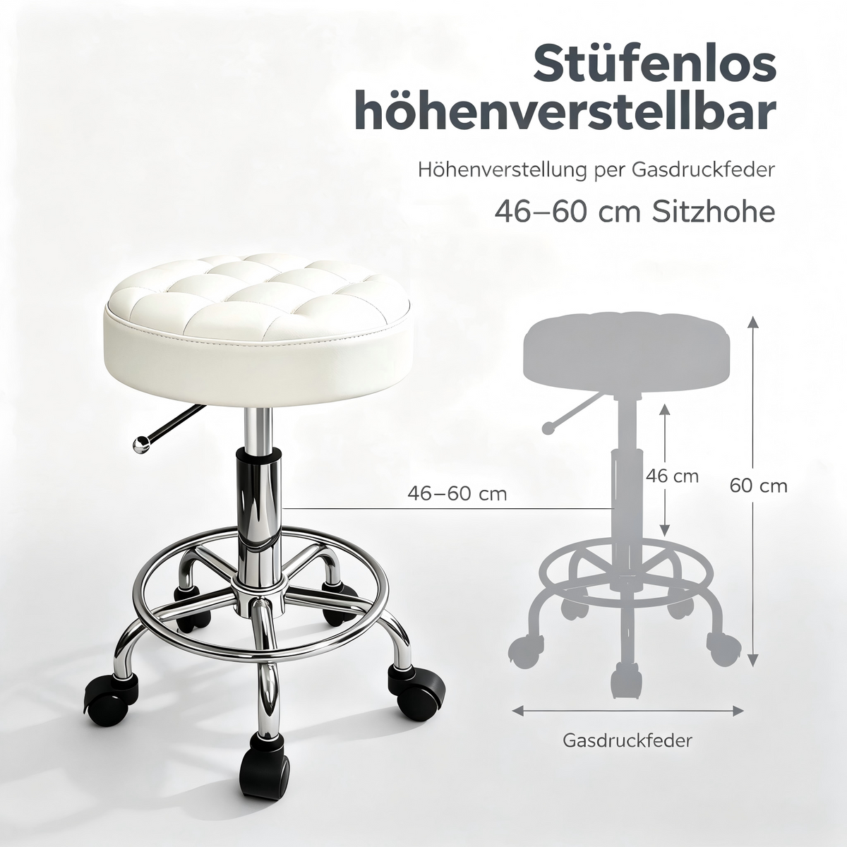 Adjustable Work Stool with Wheels – Padded PU Leather Seat, 360° Swivel, 46–60 cm