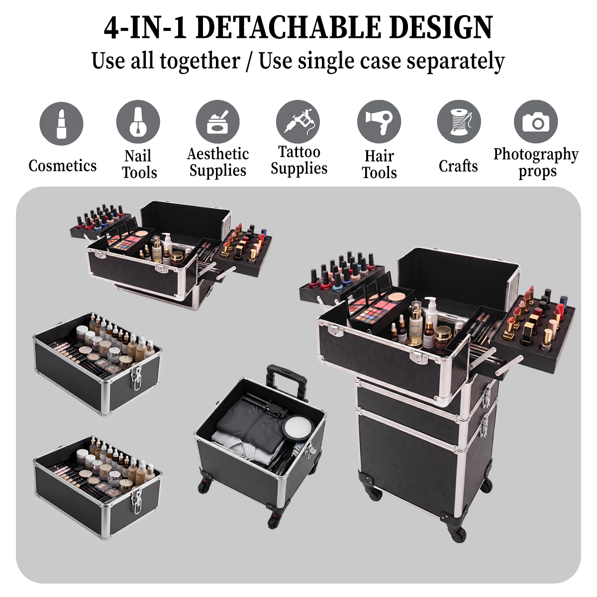 4-in-1 Modular Rolling Makeup Case – Detachable 4-Tier Cosmetic Storage Case with Telescopic Handle & 360° Wheels
