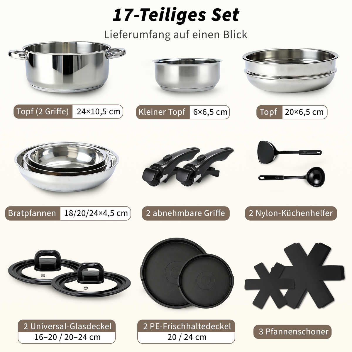 17-Piece Cookware Set – Stainless Steel Pots, Frying Pans, Steamer & Kitchen Bowls with Glass Lid
