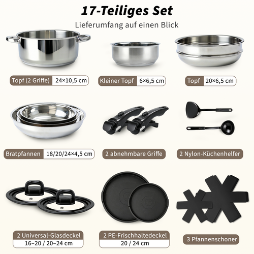 17-Piece Cookware Set – Stainless Steel Pots, Frying Pans, Steamer & Kitchen Bowls with Glass Lid