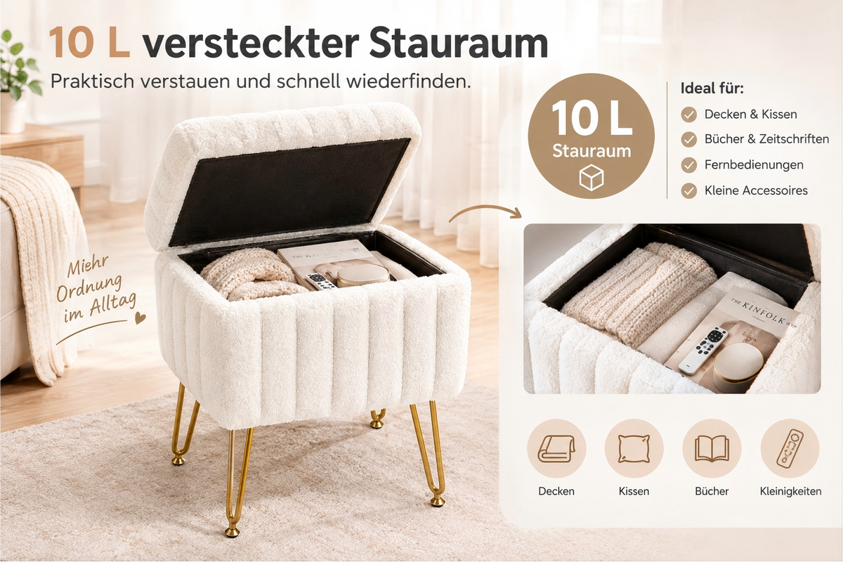 Storage Stool with Padded Seat – Compact Storage Ottoman Bench with Legs, 49 cm Height