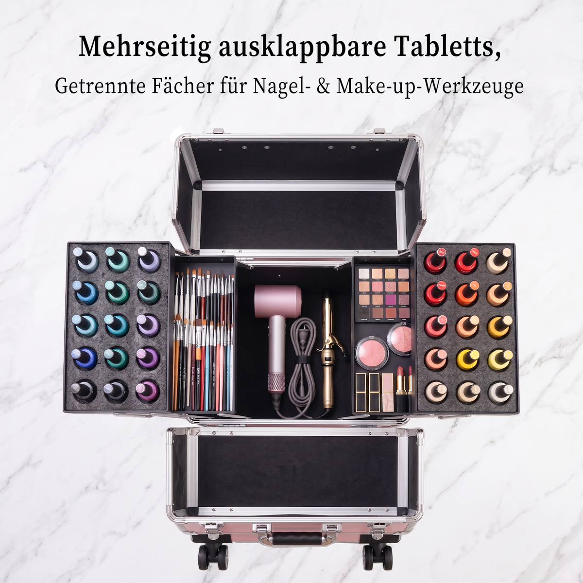 Rolling Makeup Case with 4 Trays – Portable Cosmetic Storage Case with Telescopic Handle and 360° Wheels