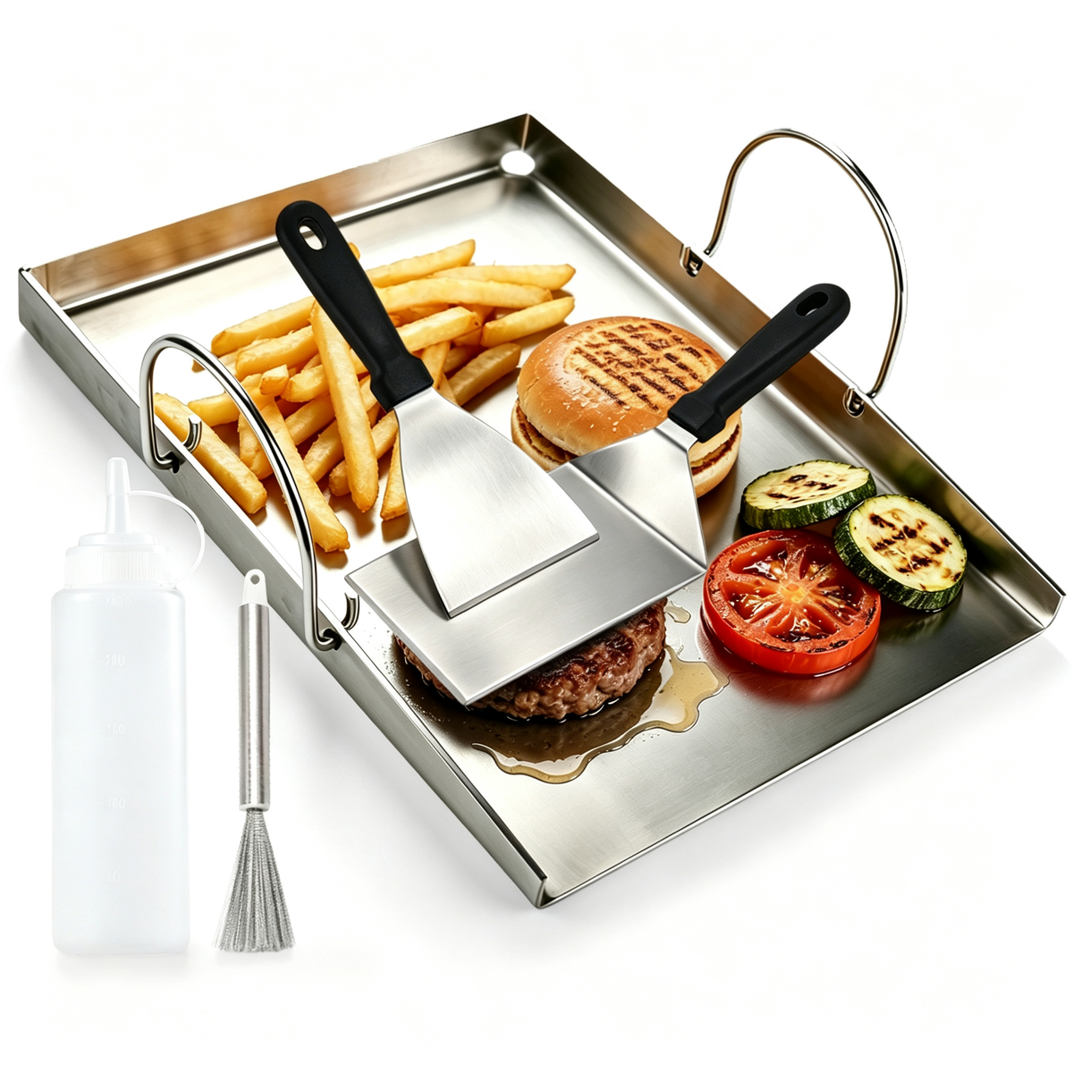 Grillplatte Edelstahl 40×30,5 cm mit 2 Spateln, Flasche & Bürste