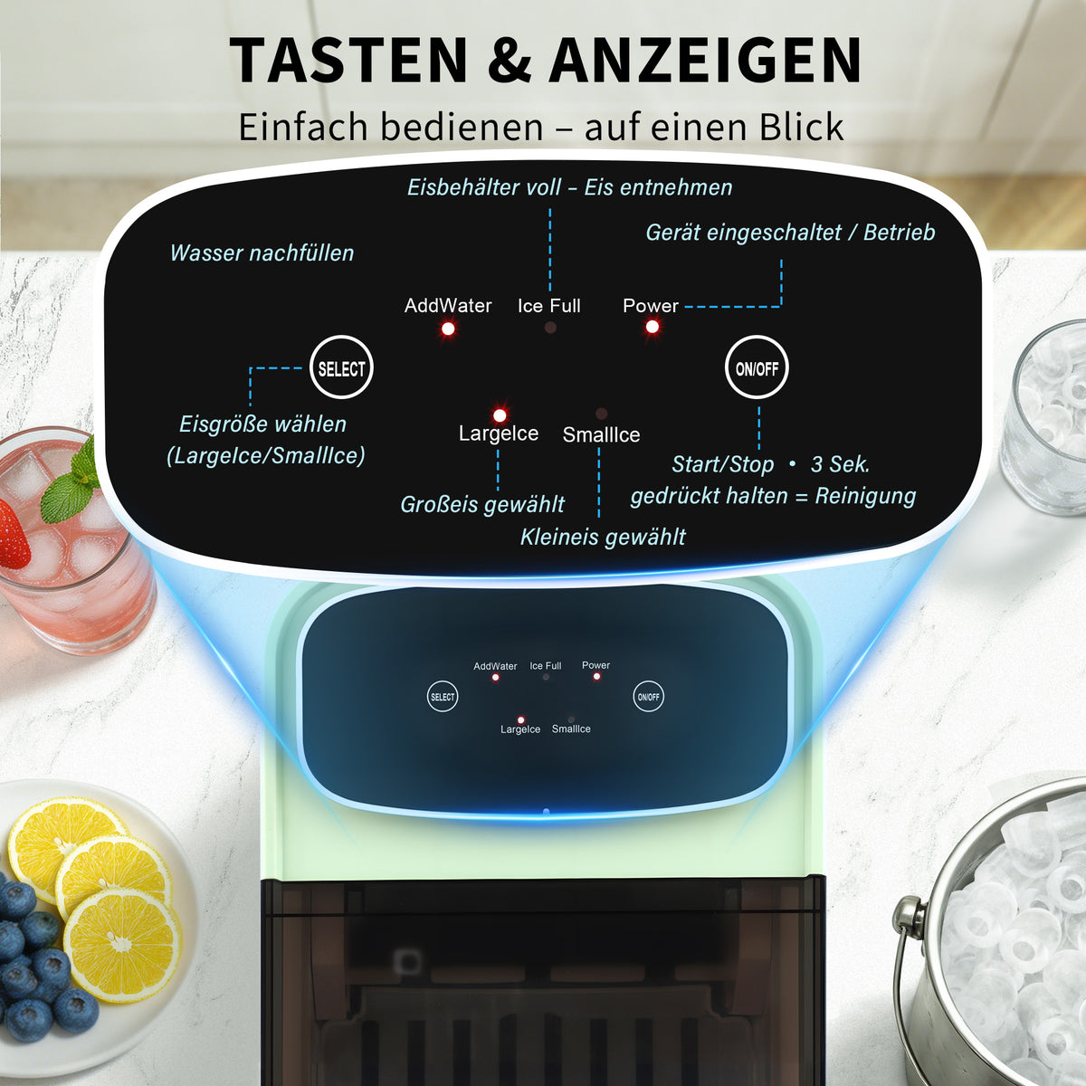 Kompakte Eiswürfelmaschine in Mint – 2 Eisgrößen, Selbstreinigung