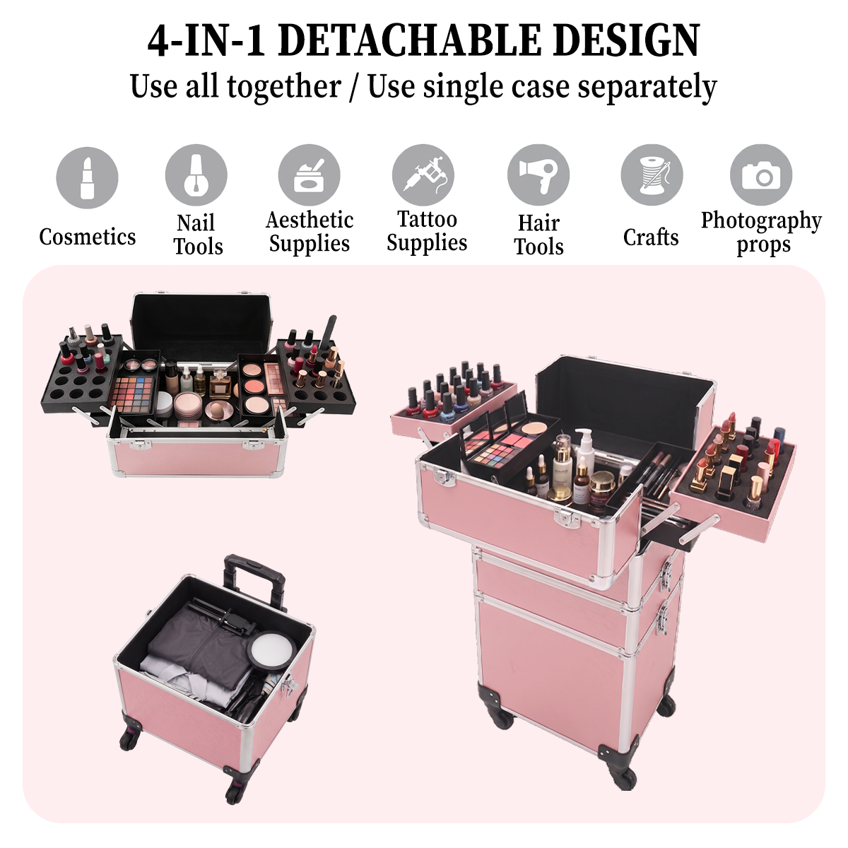4-in-1 Modular Rolling Makeup Case – Detachable 4-Tier Cosmetic Storage Case with Telescopic Handle & 360° Wheels