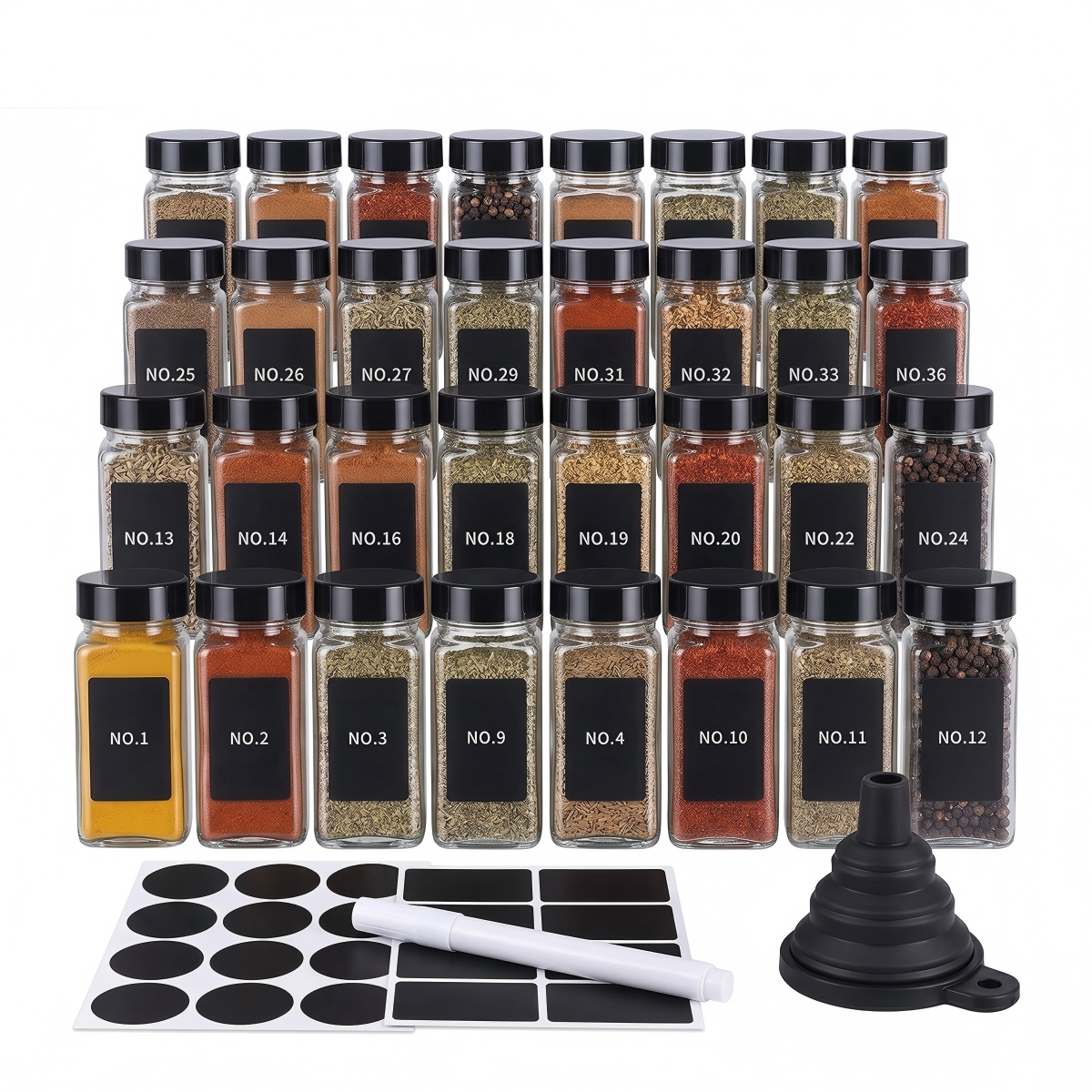 Glass Spice Jars with Lids and Labels – Spice Storage Containers with Pour Spouts, Brush & Marker, 12/24/36 Pack
