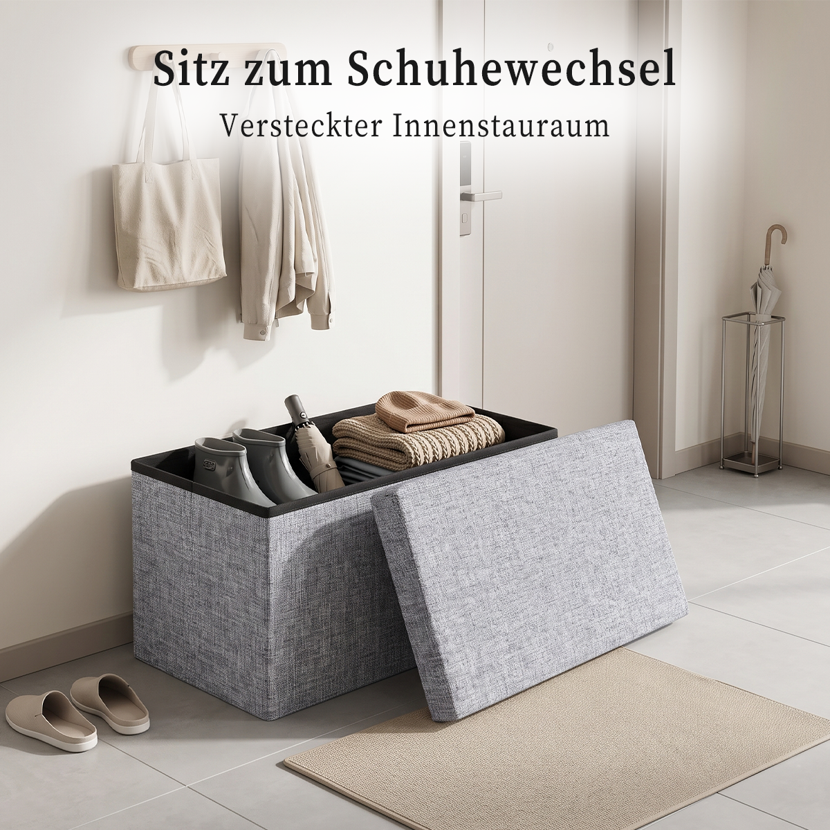 Foldable Storage Ottoman – 25L Collapsible Storage Stool with Padded Linen-Style Seat, 40 × 25 × 25 cm