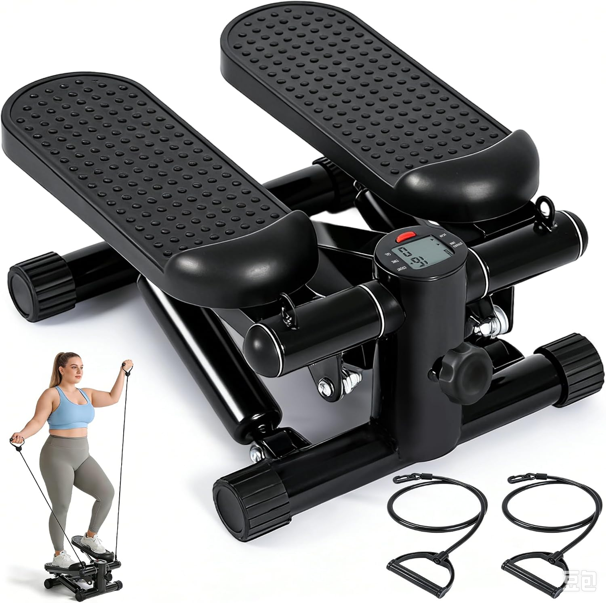 Mini stepper for home use with resistance bands, adjustable resistance, with LCD display, suitable for home and office fitness workouts