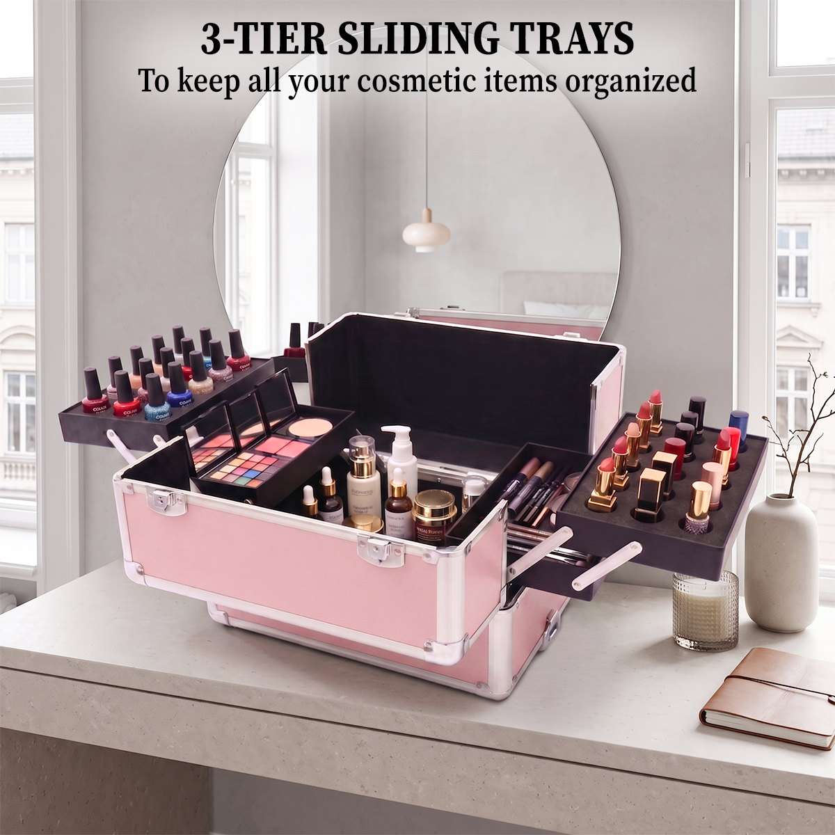 4-in-1 Modular Rolling Makeup Case – Detachable 4-Tier Cosmetic Storage Case with Telescopic Handle & 360° Wheels