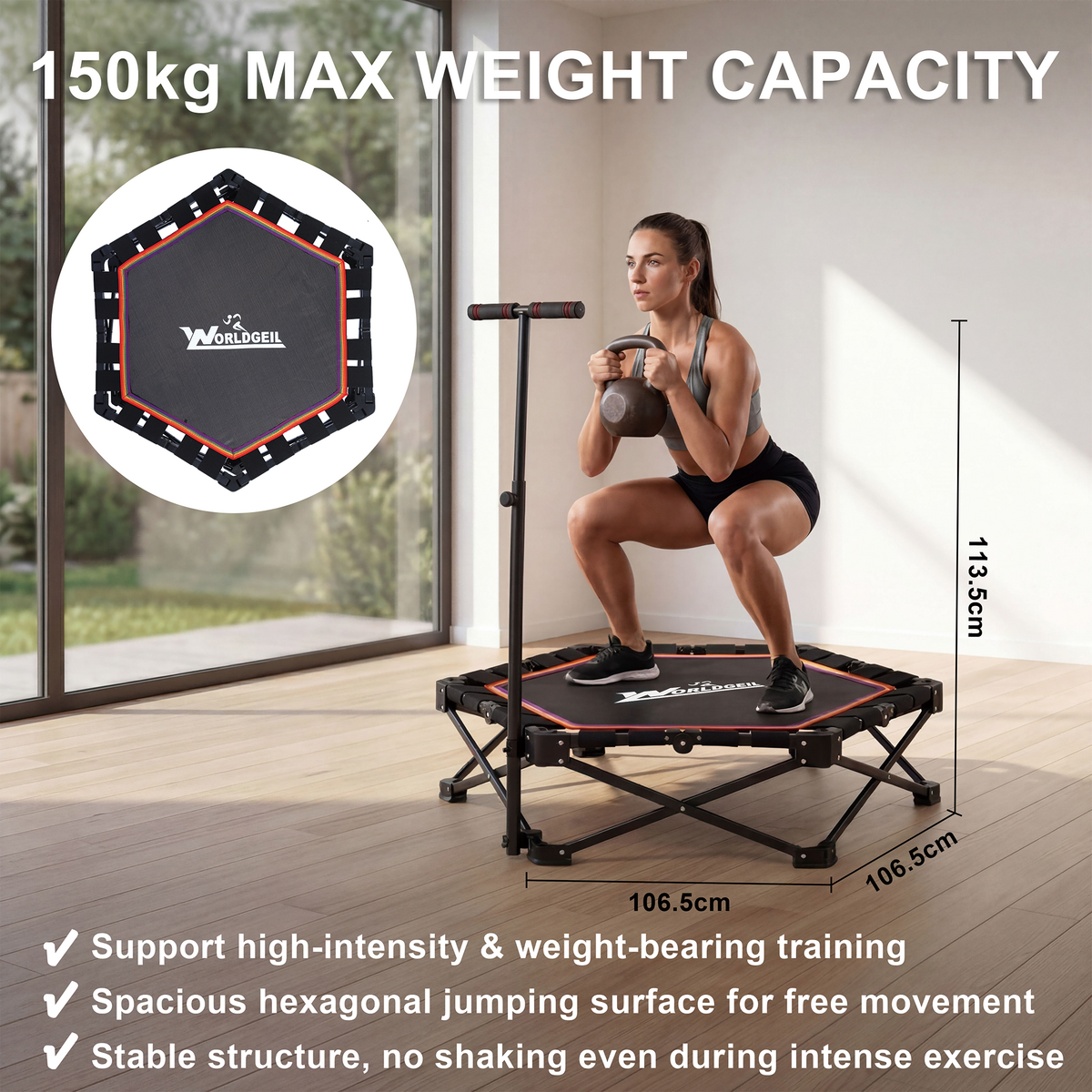 Indoor Folding Trampoline, Mini Trampoline with Height-adjustable Handrails, 150 kg Weight Capacity