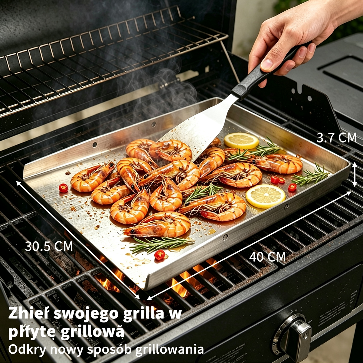 Grillplatte Edelstahl 40×30,5 cm mit 2 Spateln, Flasche & Bürste