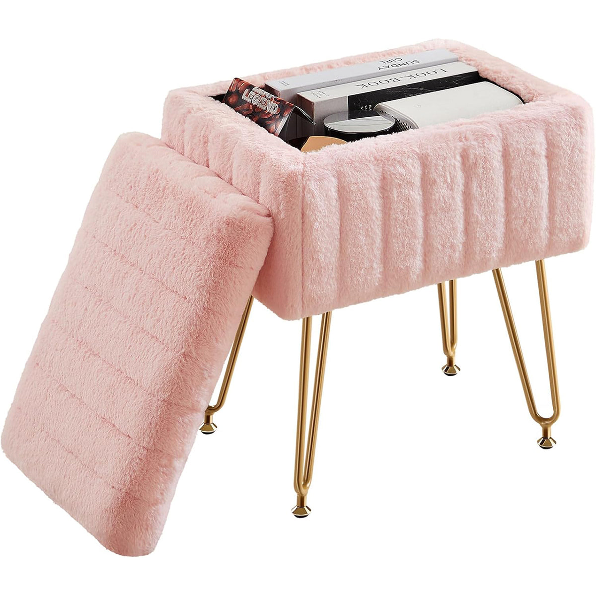Storage Stool with Padded Seat – Compact Storage Ottoman Bench with Legs, 49 cm Height
