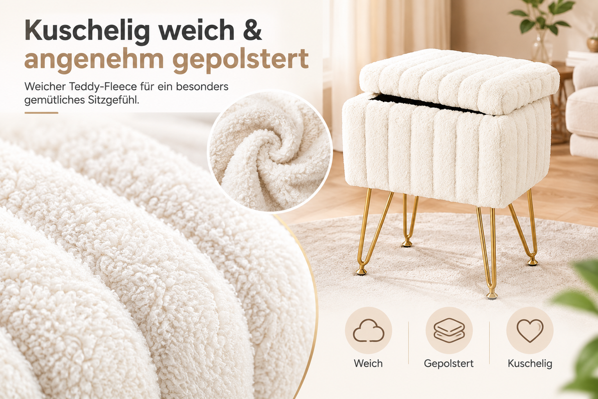 Storage Stool with Padded Seat – Compact Storage Ottoman Bench with Legs, 49 cm Height