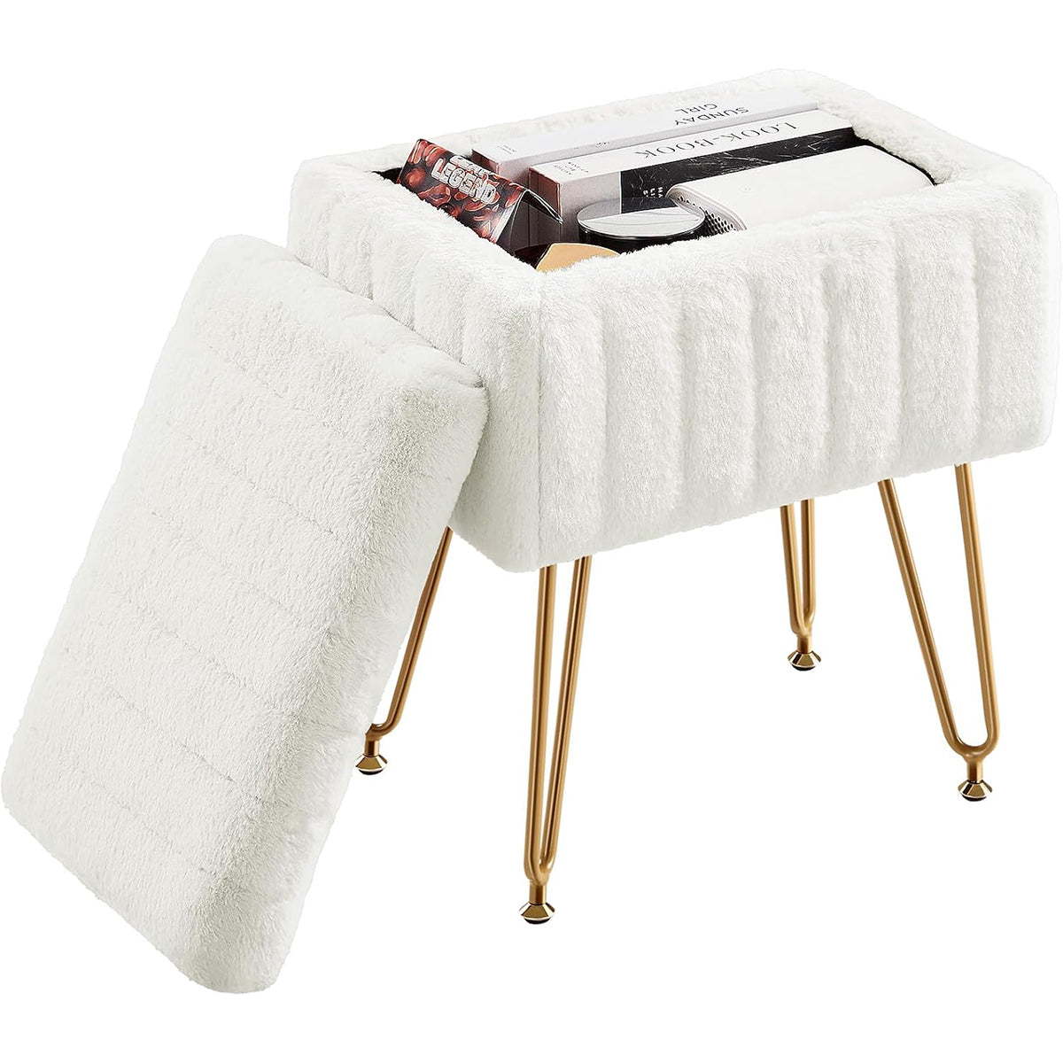 Storage Stool with Padded Seat – Compact Storage Ottoman Bench with Legs, 49 cm Height