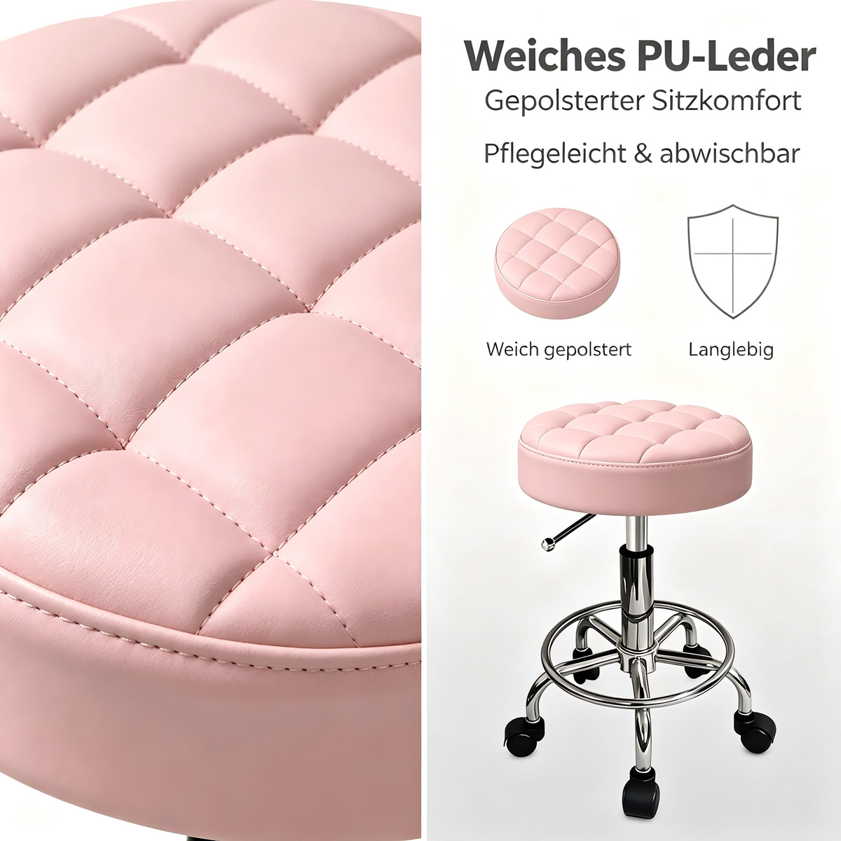 Adjustable Work Stool with Wheels – Padded PU Leather Seat, 360° Swivel, 46–60 cm