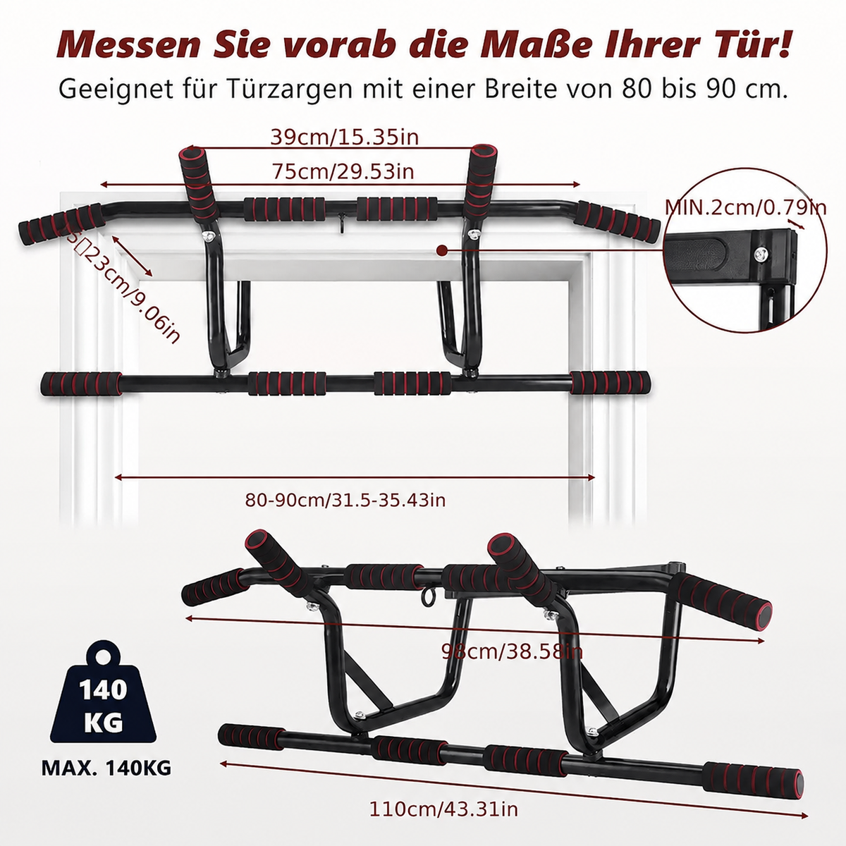 No-drill door-mounted single bar pull-up bar with soft padding and non-slip grip, weight capacity up to 200 kg
