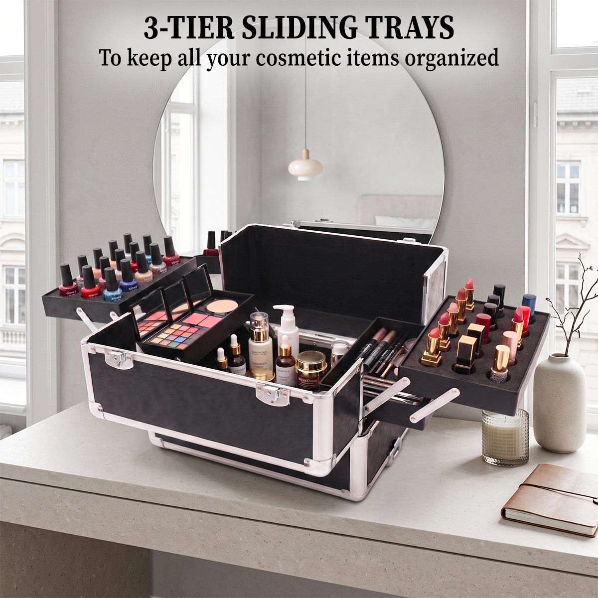4-in-1 Modular Rolling Makeup Case – Detachable 4-Tier Cosmetic Storage Case with Telescopic Handle & 360° Wheels