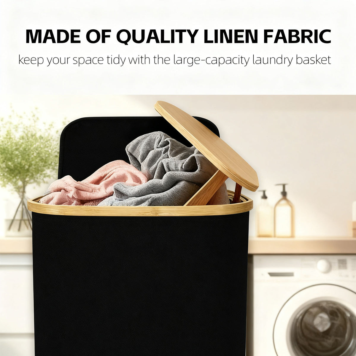 Foldable Laundry Hamper with Lid – 60L Waterproof Oxford Fabric Laundry Basket with Bamboo Frame & Removable Liner