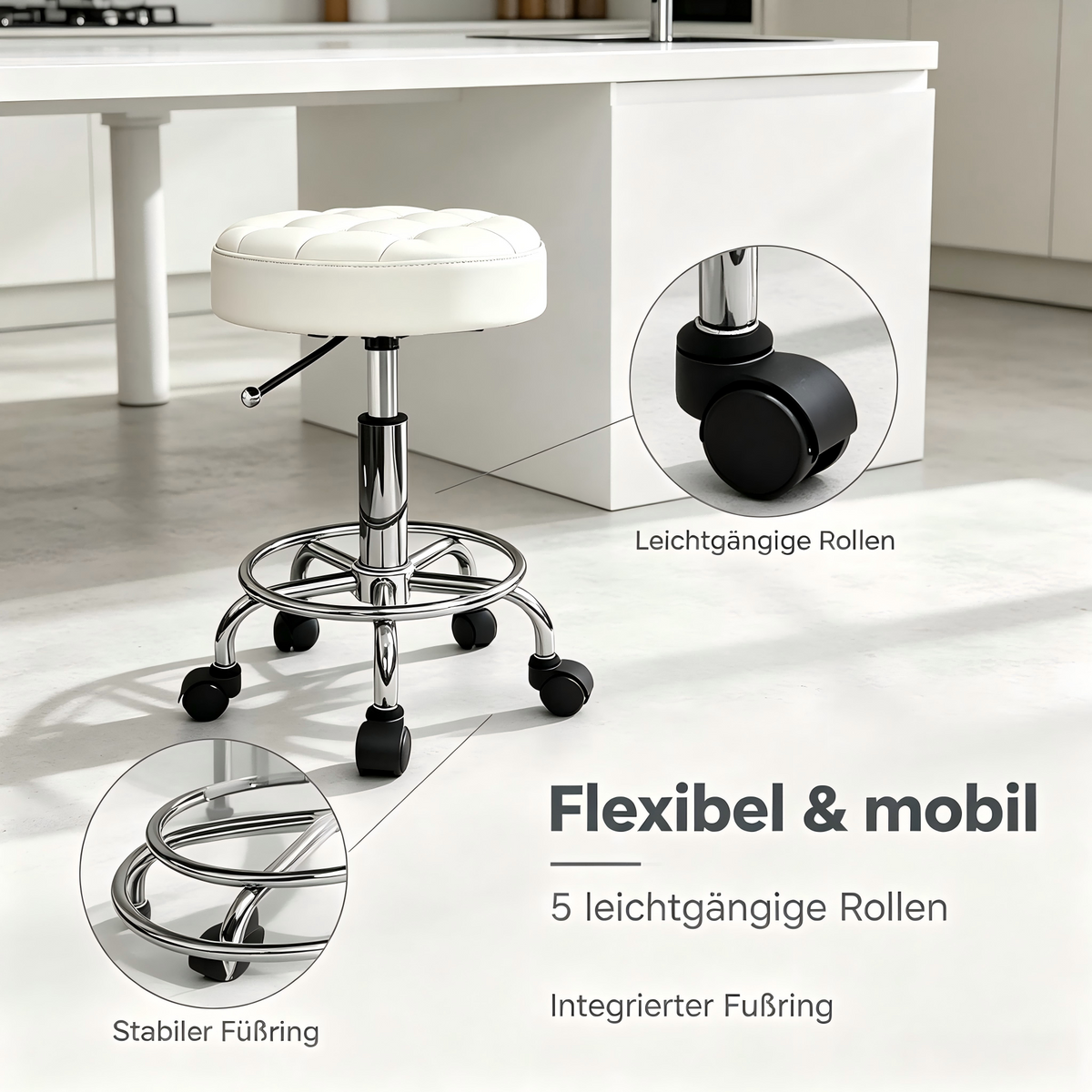 Adjustable Work Stool with Wheels – Padded PU Leather Seat, 360° Swivel, 46–60 cm