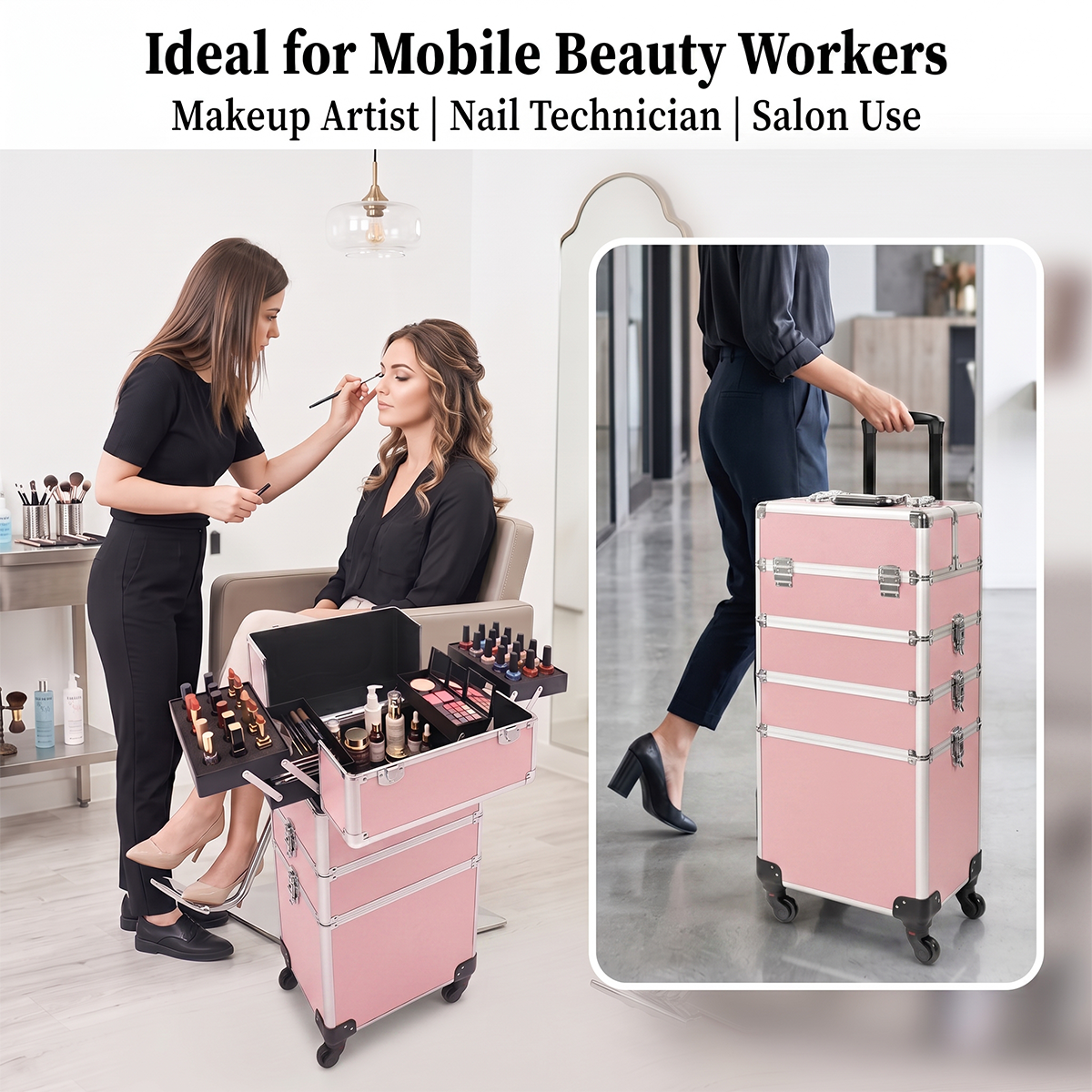 4-in-1 Modular Rolling Makeup Case – Detachable 4-Tier Cosmetic Storage Case with Telescopic Handle & 360° Wheels