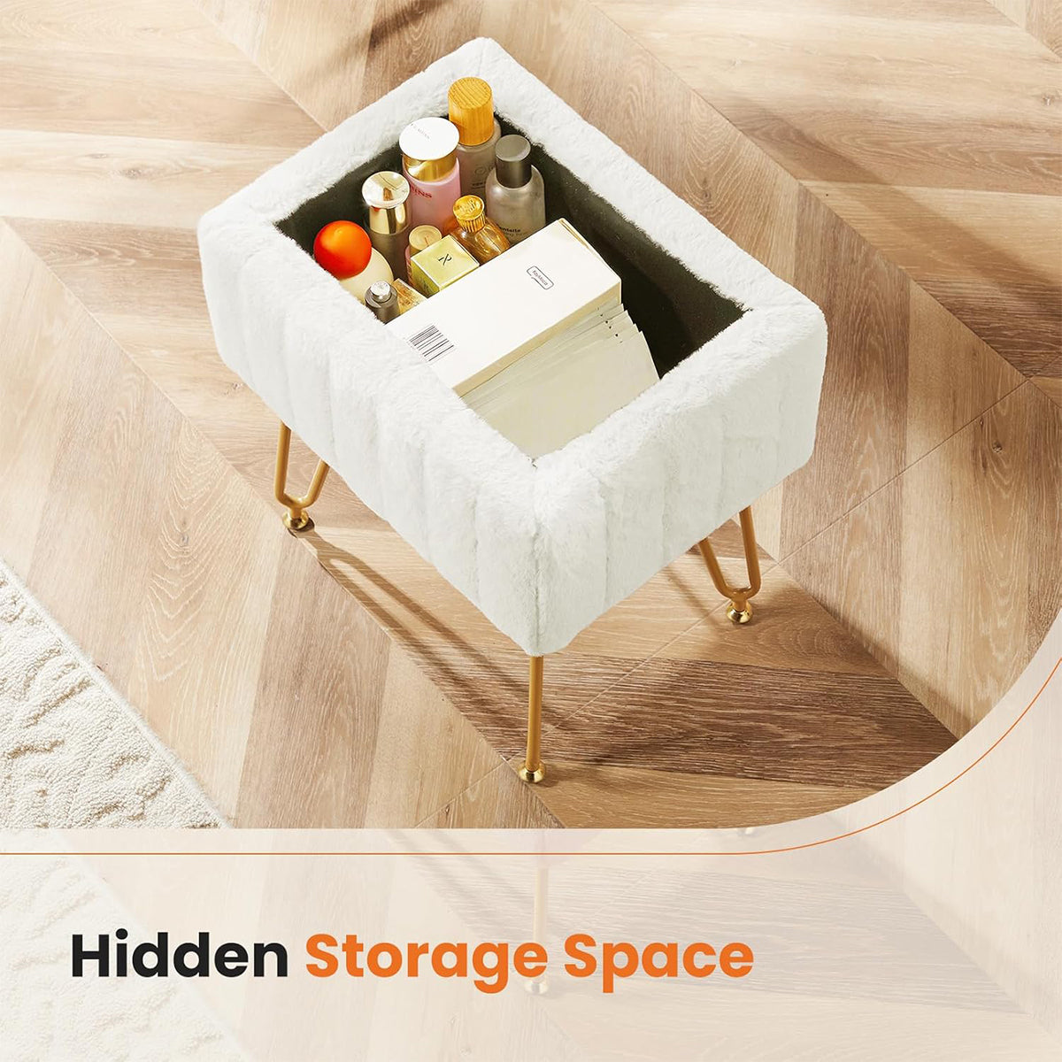 Storage Stool with Padded Seat – Compact Storage Ottoman Bench with Legs, 49 cm Height