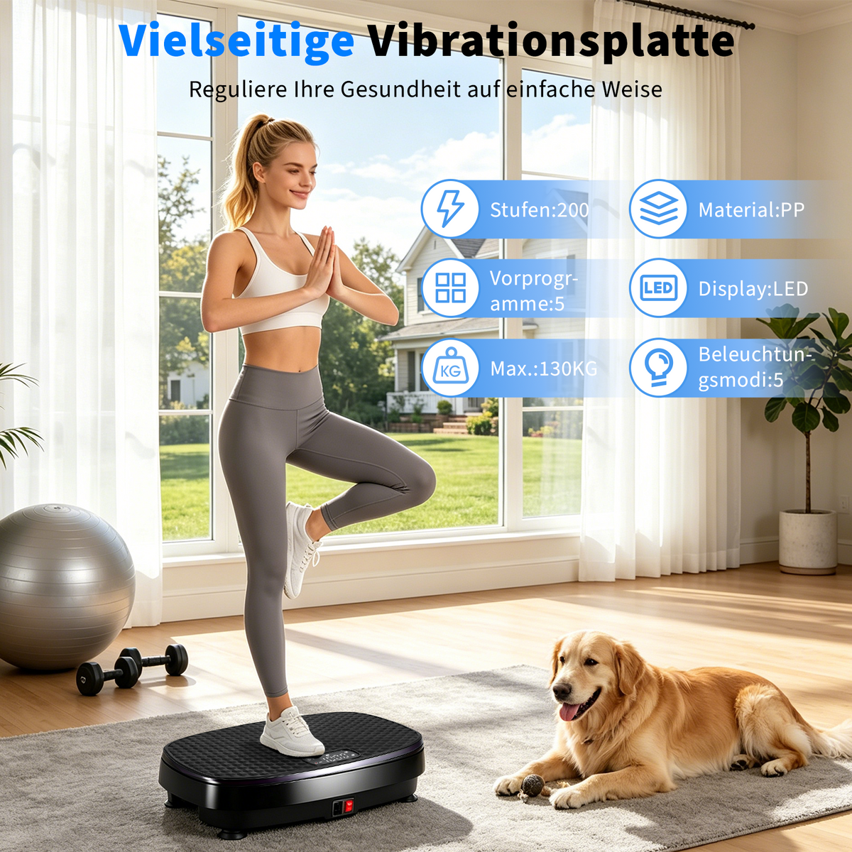 Home use exercise vibration plate High stability Non-slip foot pads Quiet operation Remote control Resistance band LED display