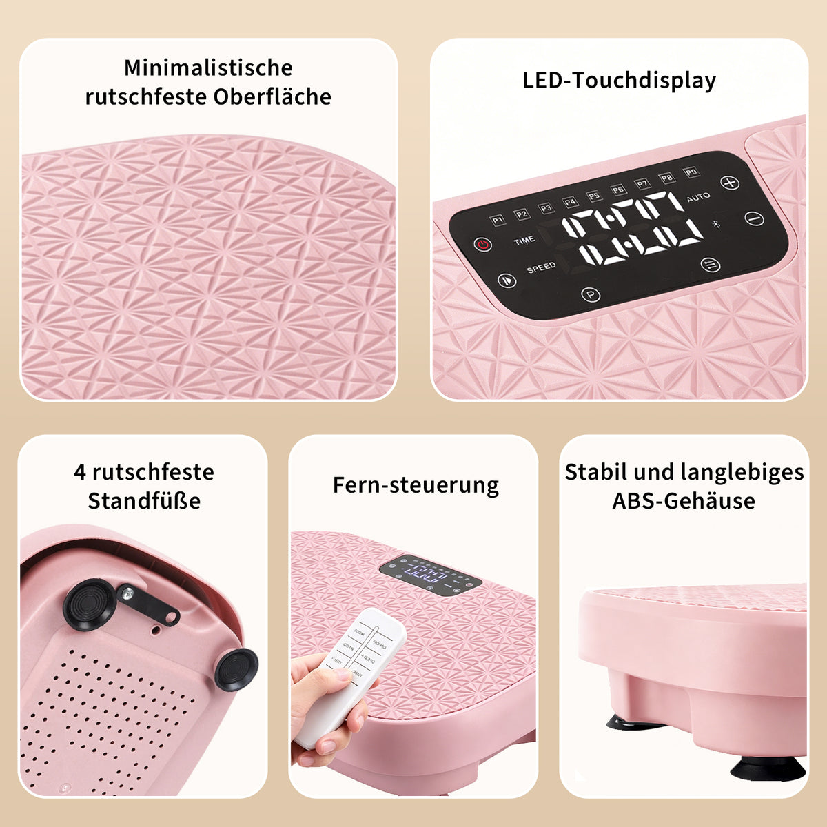 Pink home sports vibration plate high stability non-slip foot pads silent operation remote control resistance bands LED display
