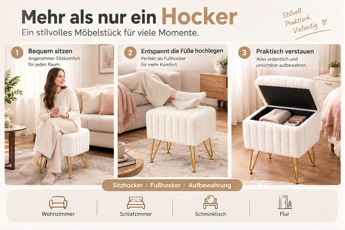 Storage Stool with Padded Seat – Compact Storage Ottoman Bench with Legs, 49 cm Height