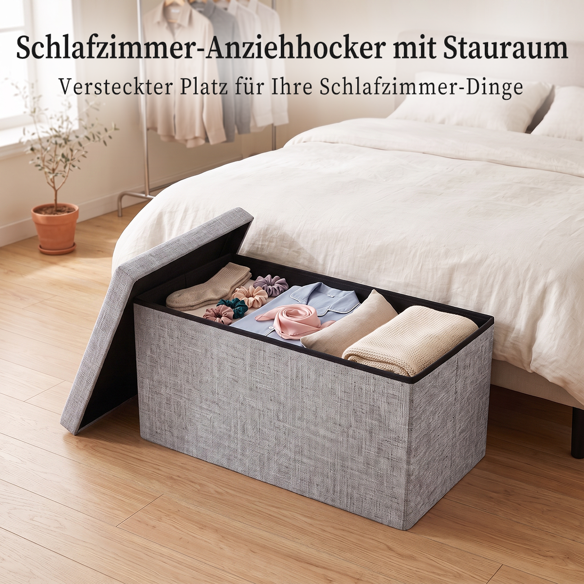 Foldable Storage Ottoman – 25L Collapsible Storage Stool with Padded Linen-Style Seat, 40 × 25 × 25 cm