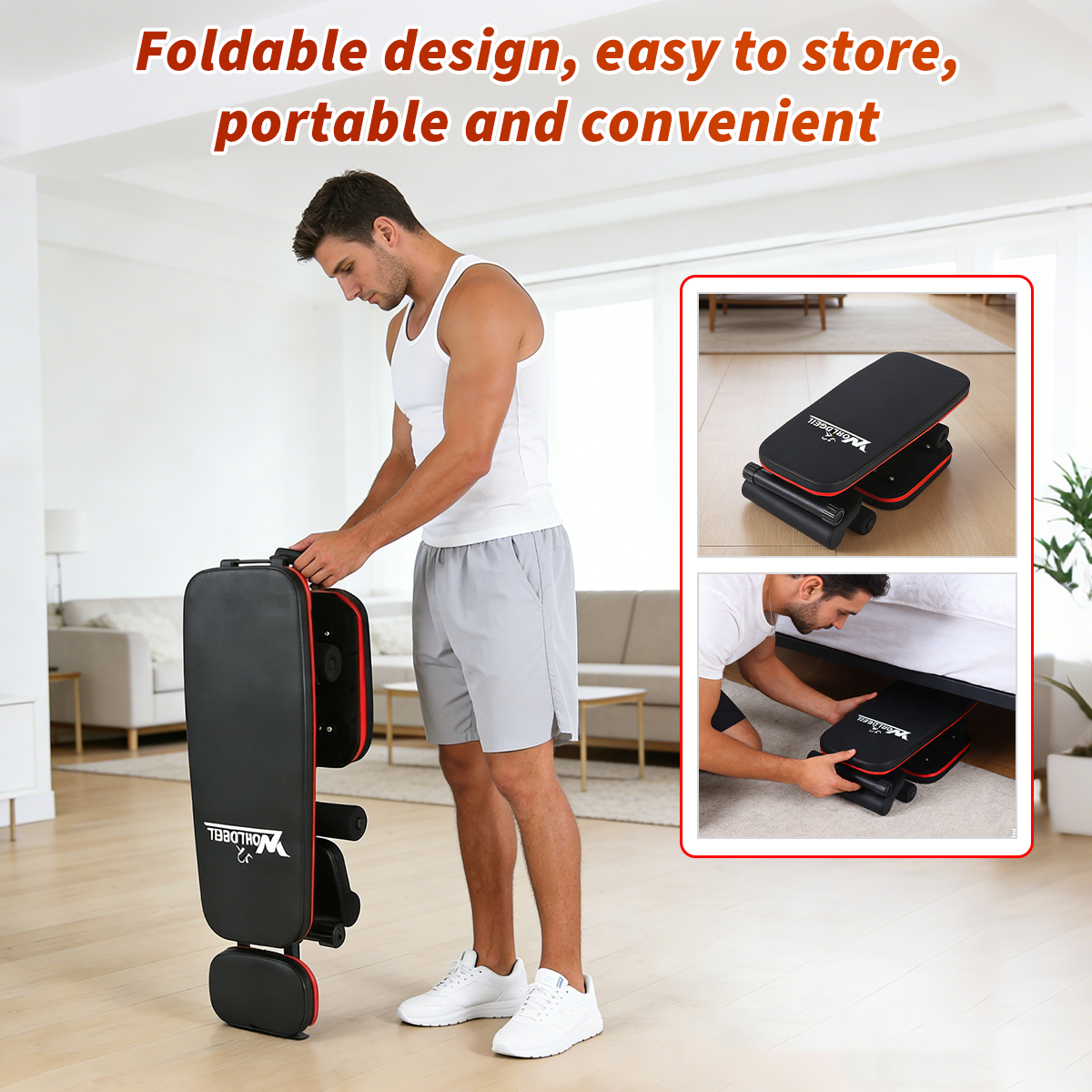 Foldable home weight bench, 7 adjustable backrest positions, 2 adjustable footrests, 100kg weight capacity