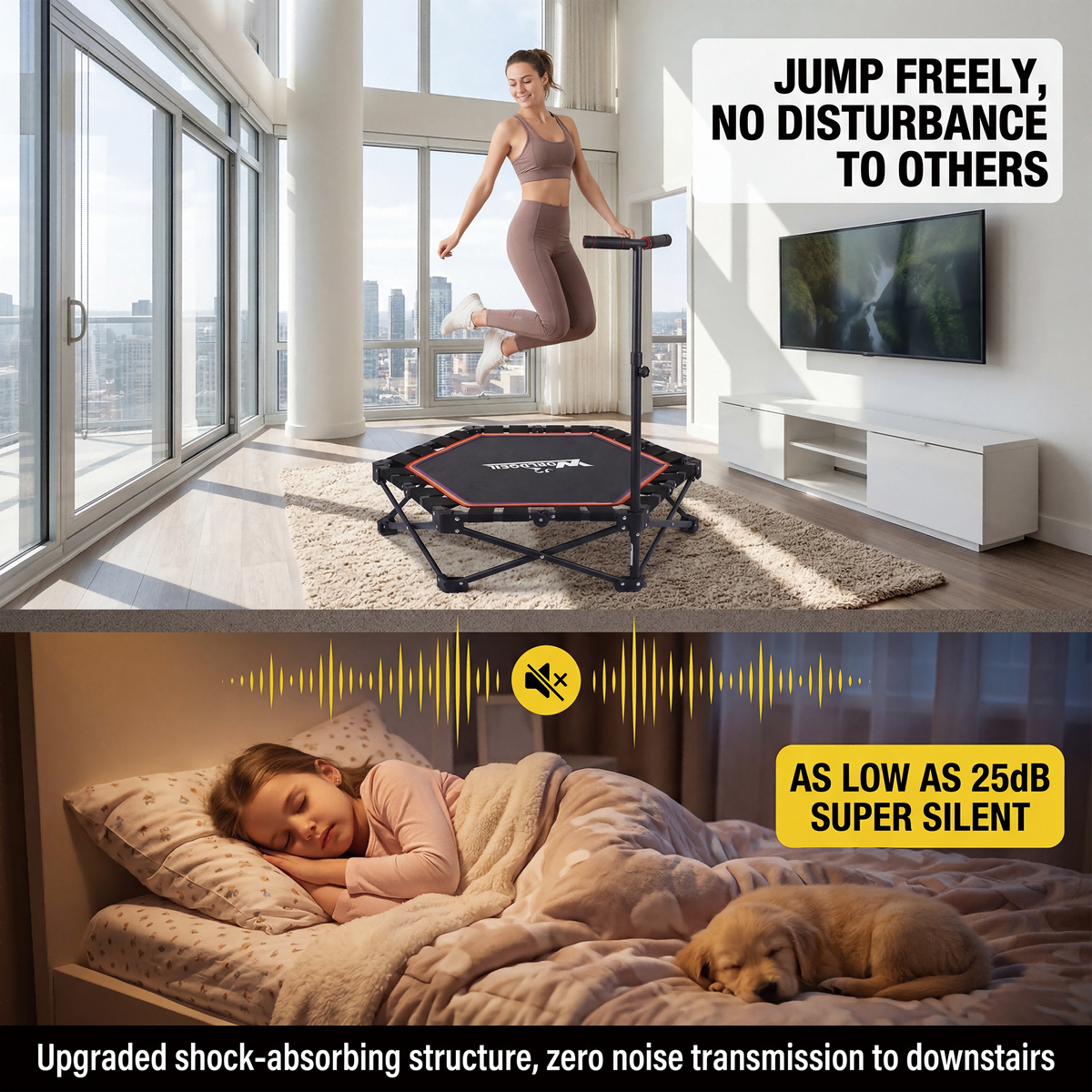 Indoor Folding Trampoline, Mini Trampoline with Height-adjustable Handrails, 150 kg Weight Capacity