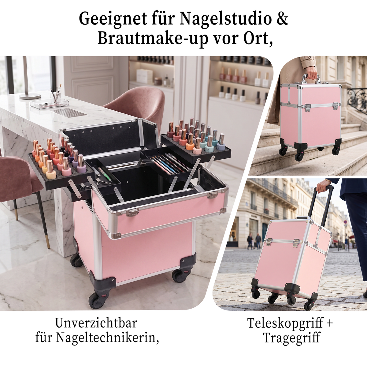 Rolling Makeup Case with 4 Trays – Portable Cosmetic Storage Case with Telescopic Handle and 360° Wheels