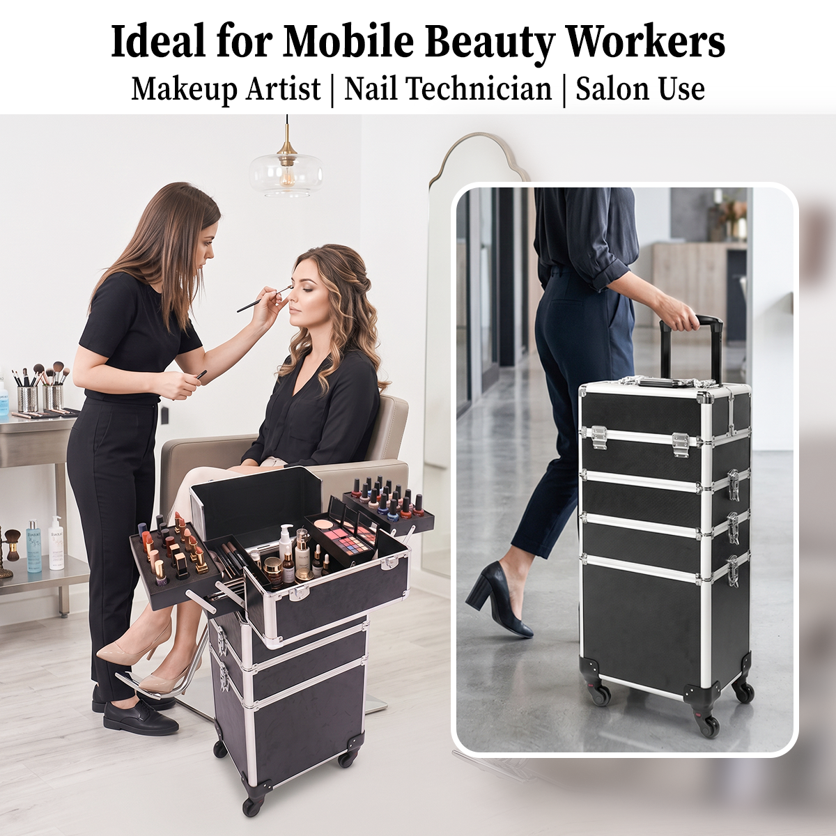 4-in-1 Modular Rolling Makeup Case – Detachable 4-Tier Cosmetic Storage Case with Telescopic Handle & 360° Wheels