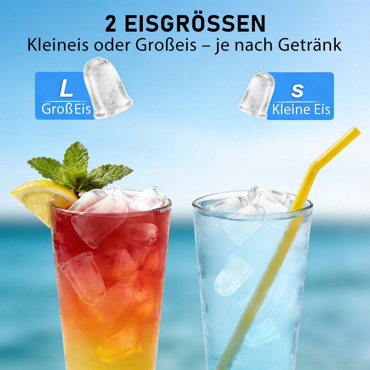 Eiswürfelmaschine mit Tragegriff – 2 Eiswürfelgrößen, 12 kg/24 h
