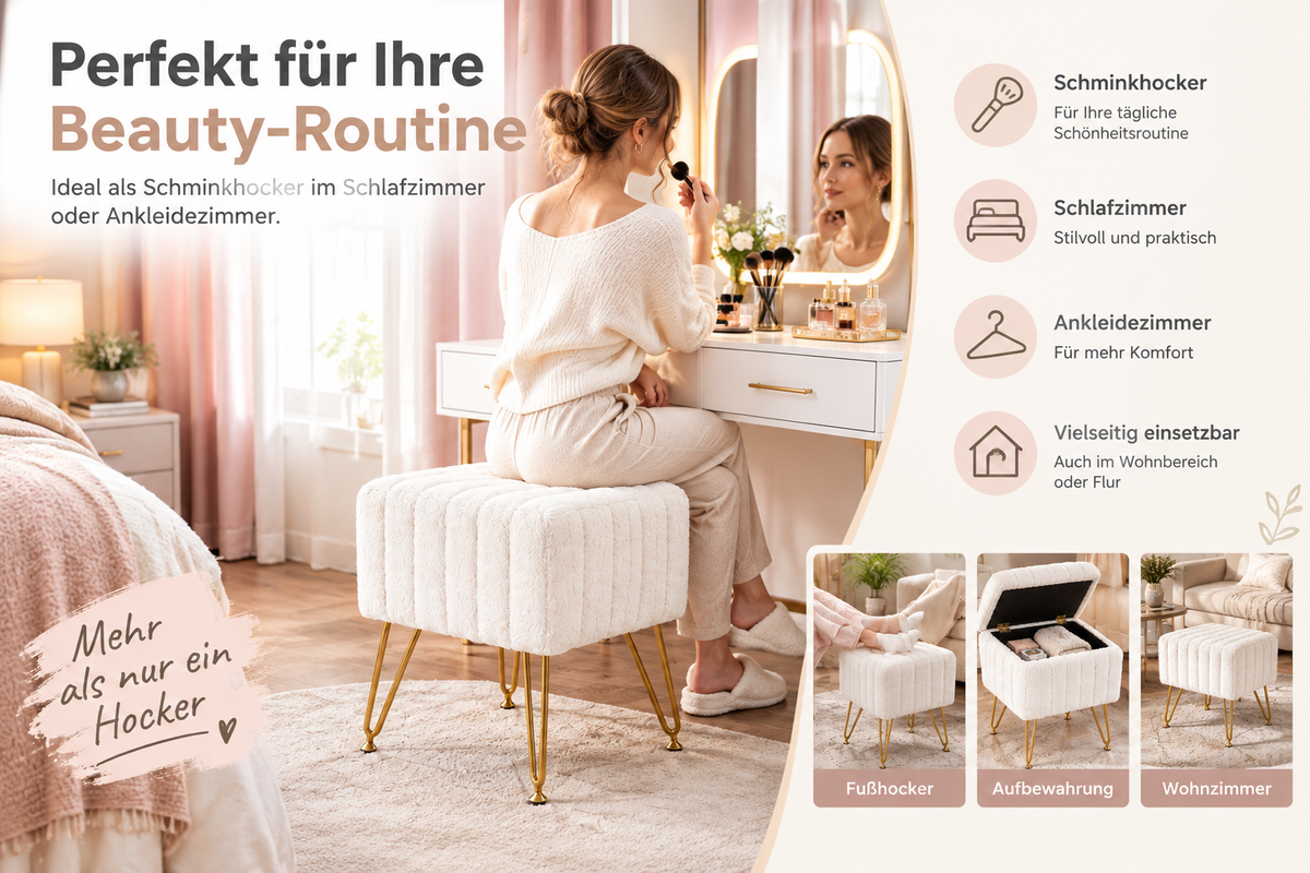 Storage Stool with Padded Seat – Compact Storage Ottoman Bench with Legs, 49 cm Height
