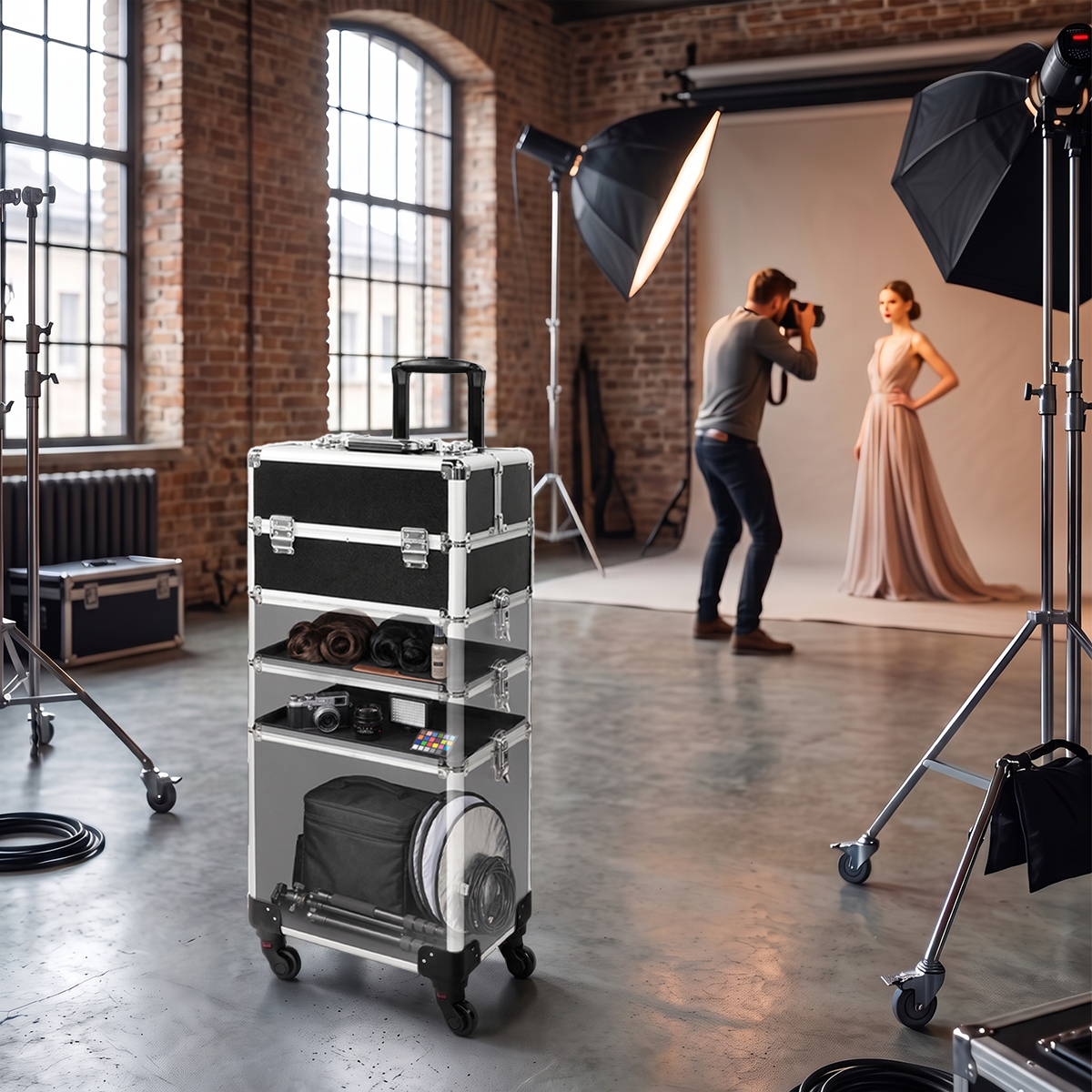 4-in-1 Modular Rolling Makeup Case – Detachable 4-Tier Cosmetic Storage Case with Telescopic Handle & 360° Wheels