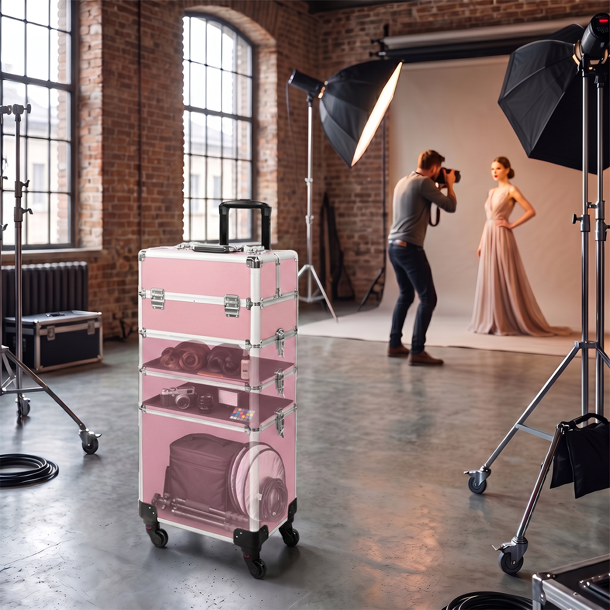 4-in-1 Modular Rolling Makeup Case – Detachable 4-Tier Cosmetic Storage Case with Telescopic Handle & 360° Wheels