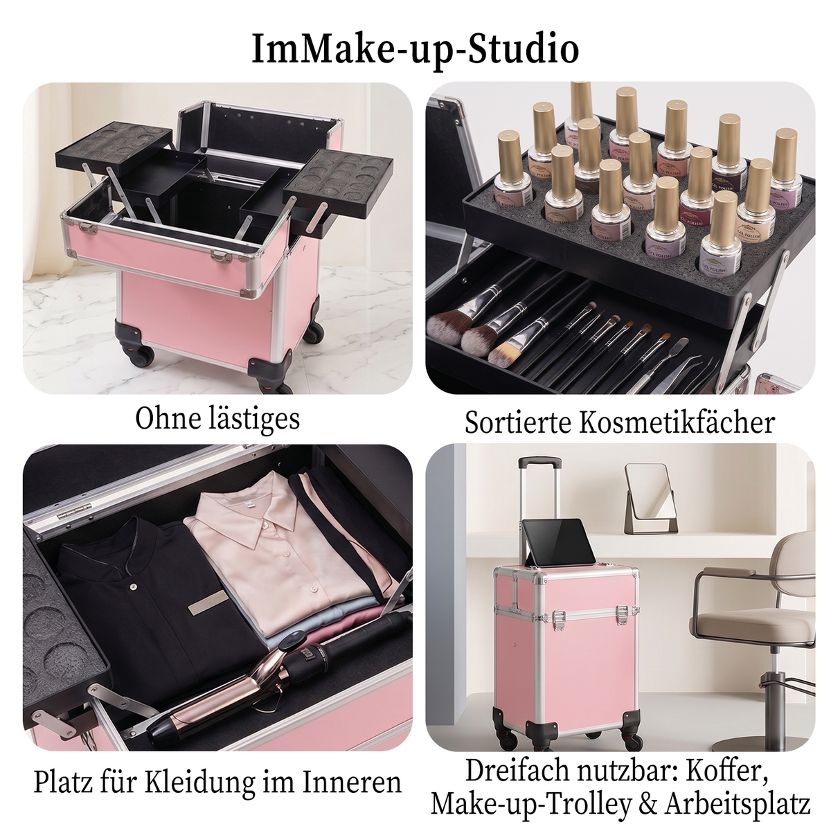 Rolling Makeup Case with 4 Trays – Portable Cosmetic Storage Case with Telescopic Handle and 360° Wheels