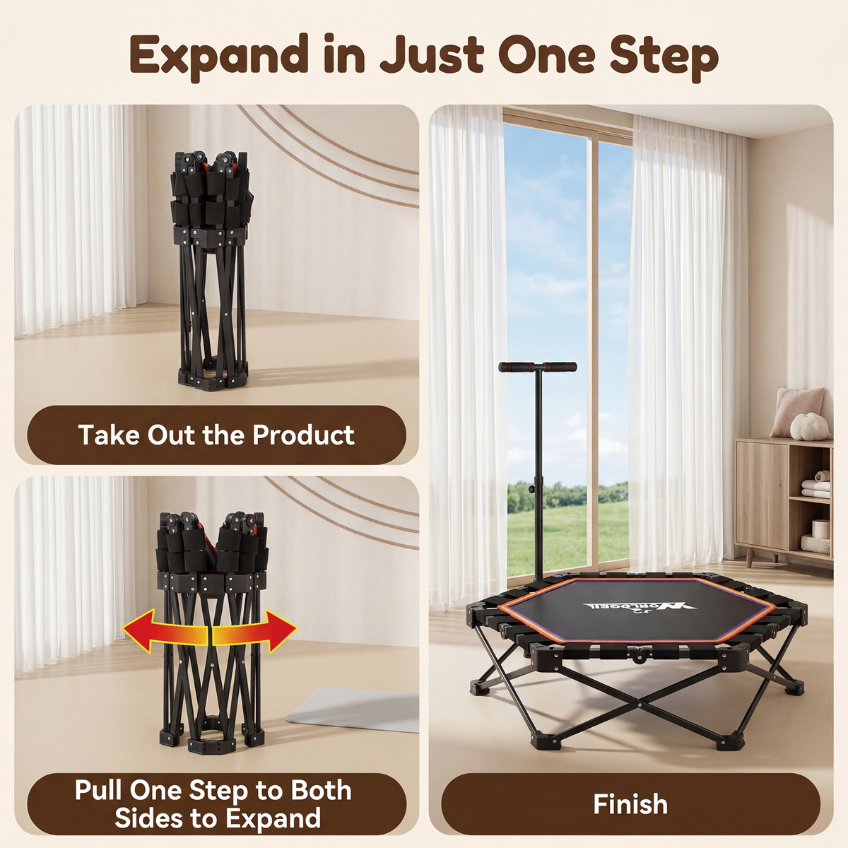 Indoor Folding Trampoline, Mini Trampoline with Height-adjustable Handrails, 150 kg Weight Capacity