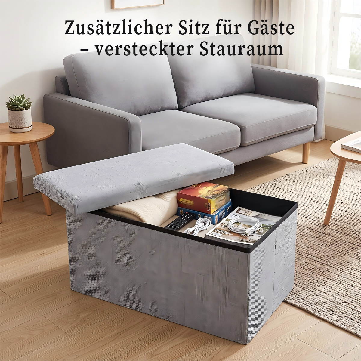 Foldable Storage Ottoman – 25L Collapsible Storage Stool with Padded Linen-Style Seat, 40 × 25 × 25 cm