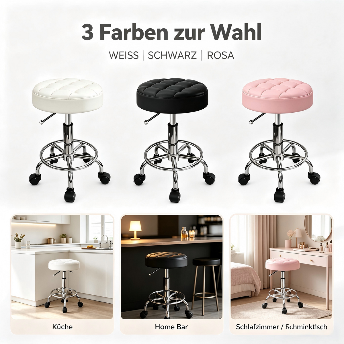 Adjustable Work Stool with Wheels – Padded PU Leather Seat, 360° Swivel, 46–60 cm