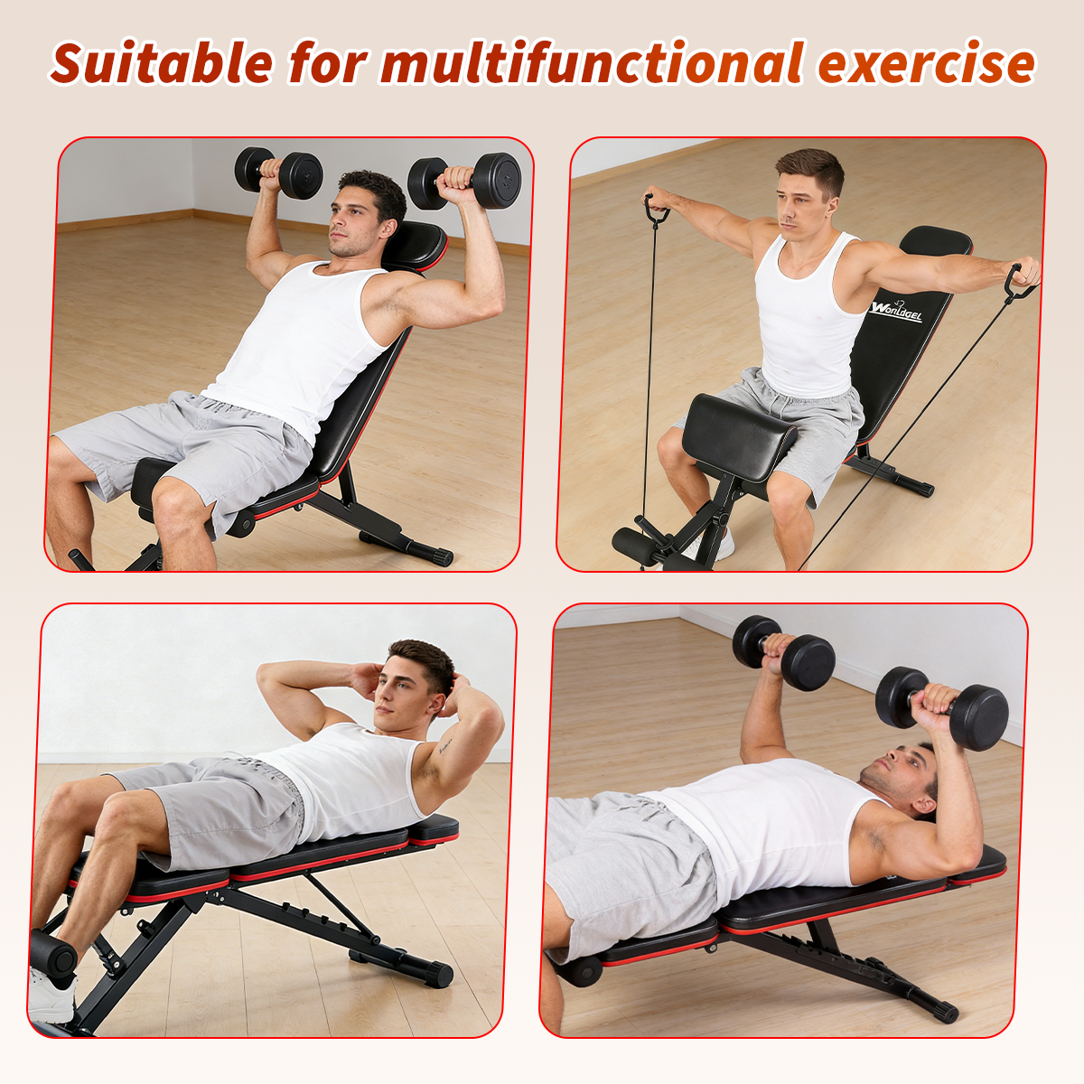 Foldable home weight bench, 7 adjustable backrest positions, 2 adjustable footrests, 100kg weight capacity