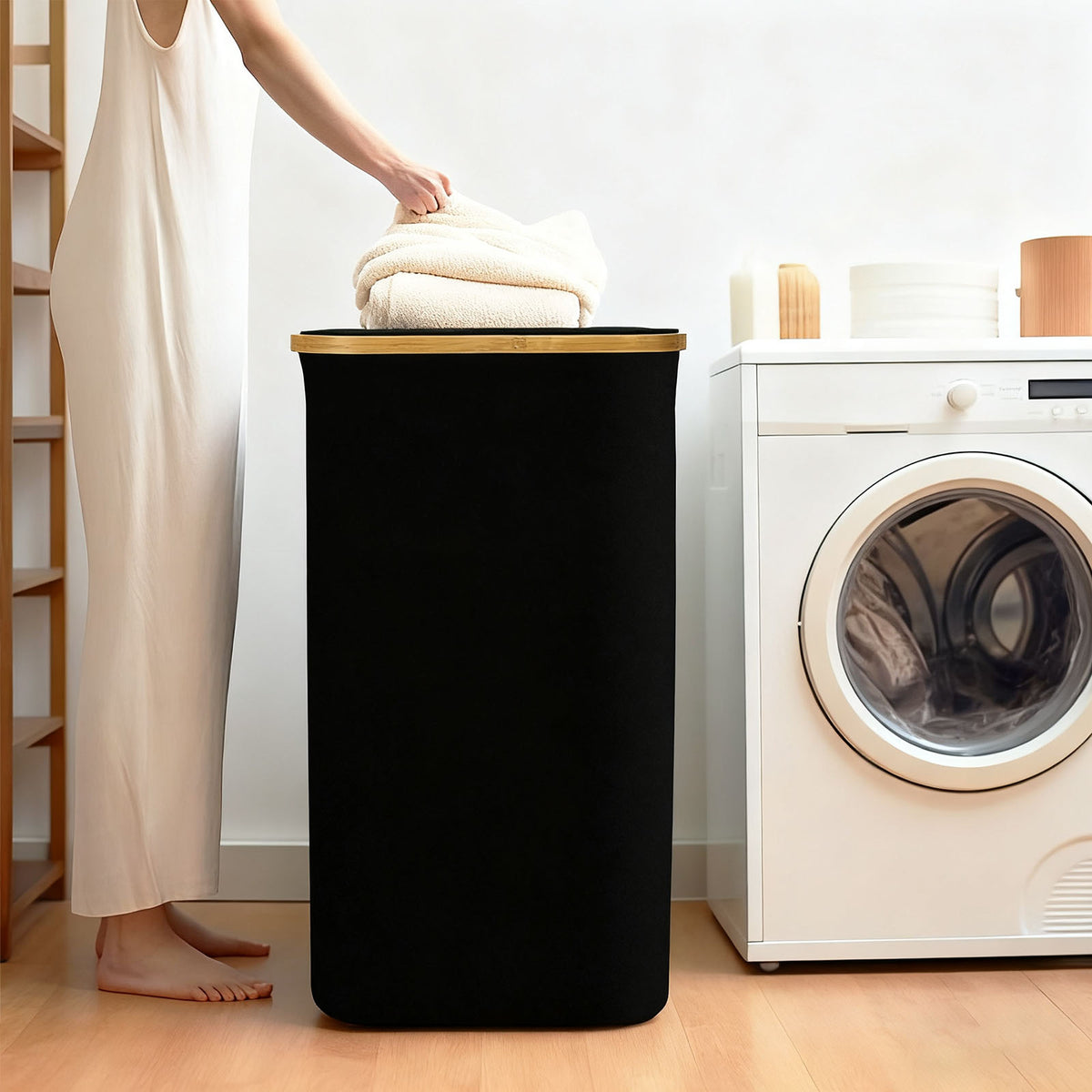 Foldable Laundry Hamper with Lid – 60L Waterproof Oxford Fabric Laundry Basket with Bamboo Frame & Removable Liner