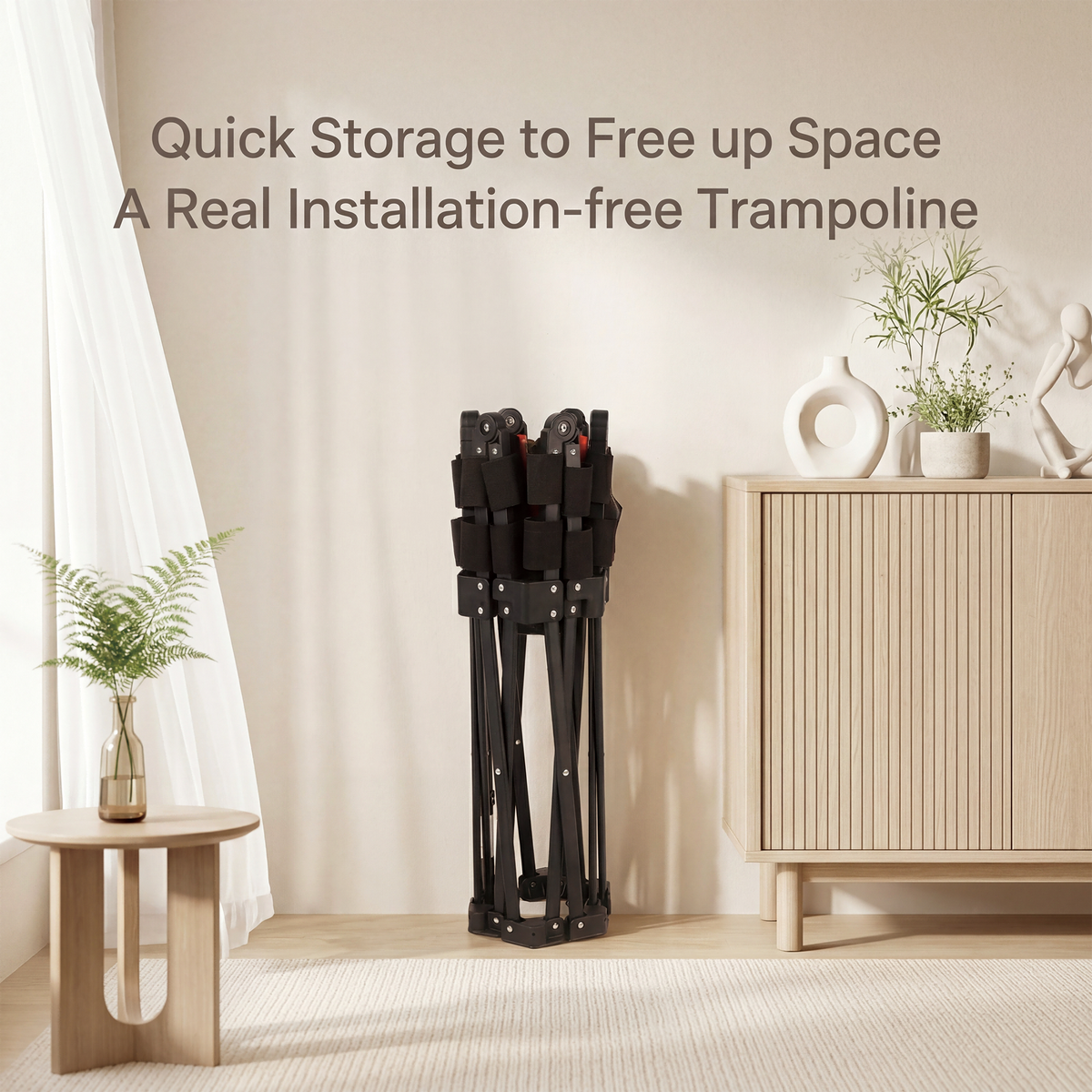 Indoor Folding Trampoline, Mini Trampoline with Height-adjustable Handrails, 150 kg Weight Capacity