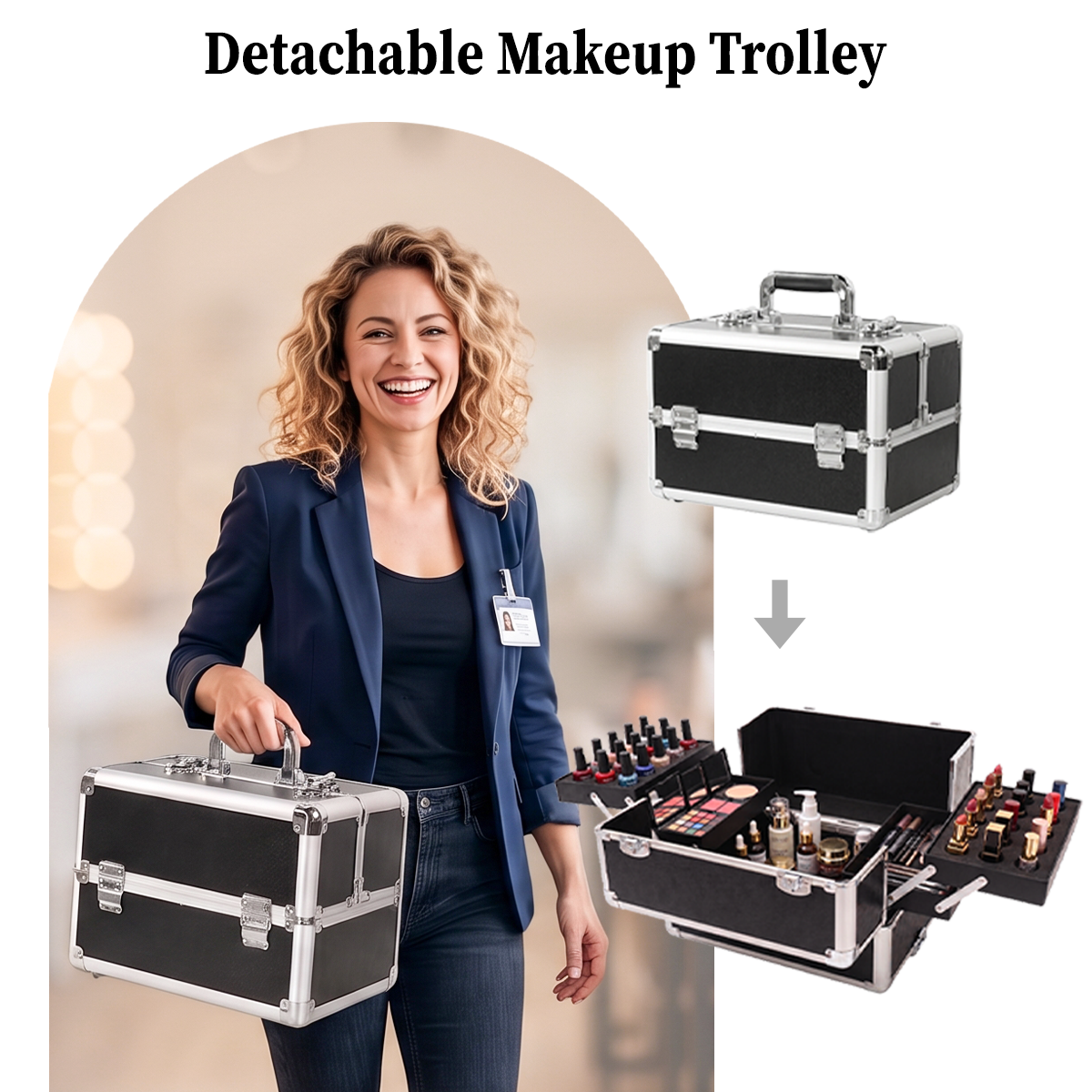 4-in-1 Modular Rolling Makeup Case – Detachable 4-Tier Cosmetic Storage Case with Telescopic Handle & 360° Wheels
