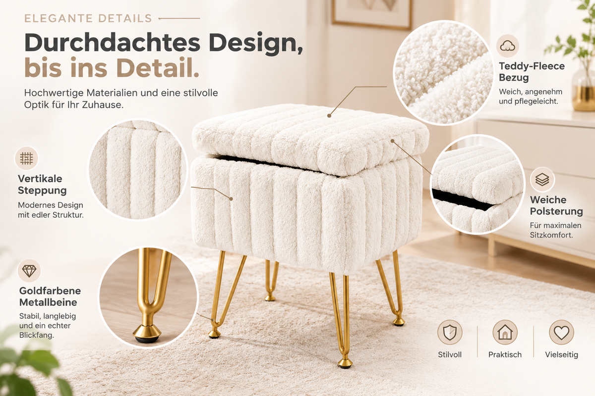 Storage Stool with Padded Seat – Compact Storage Ottoman Bench with Legs, 49 cm Height
